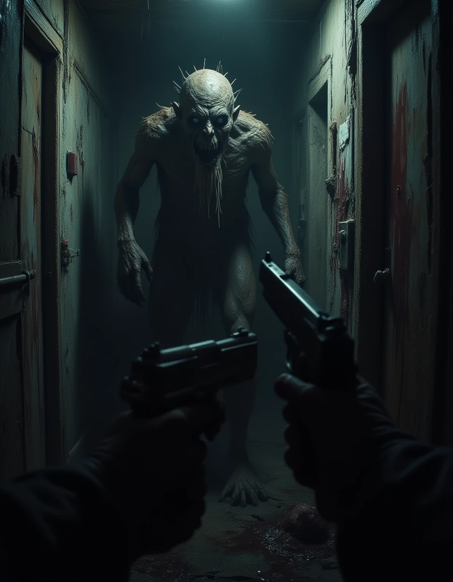 <lora:lora-AAA13_trained:1>creepy, horror, Body cam, POV shot from the POV of a police officer, of a grotesque eldritch monster, in a dark alley, handgun firing at monster..
From the wall flesh of blood everywhere
The bullets is hit in him from his body is coming out blood