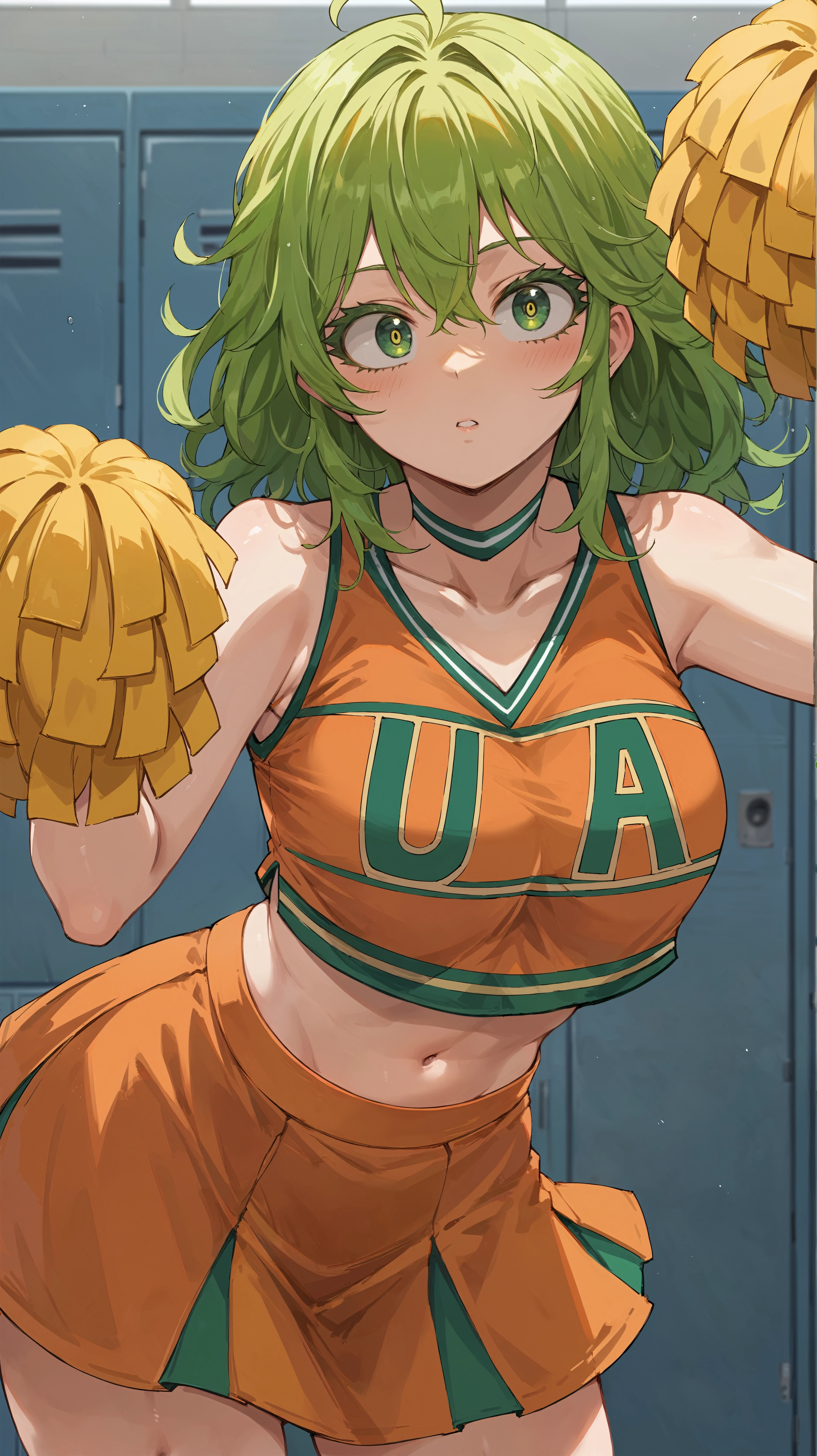 A girl with a big breast, beautiful, crazy, psycho, beautiful, sexy, pretty, hair, braid, yellow ball, shine, short, cut her eye, brown, sleepless, eye, stress, good mood, dresses in an orange top with a green stripe, a sleeveless cheerleader, shows her navel and a short bright orange skirt, a black heel, sex, love, uterus.