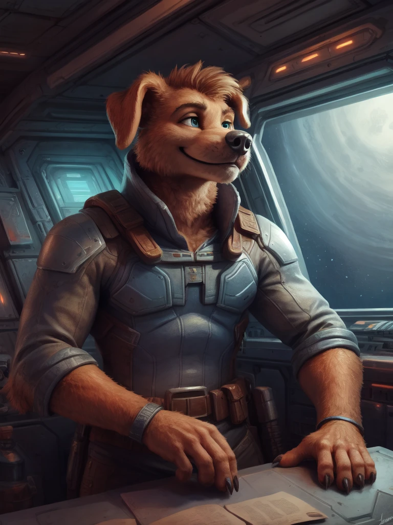 dog, clothed, finger claws, smile, in a spaceship, Diego Gisbert Llorens, josan gonzales, dan mumford