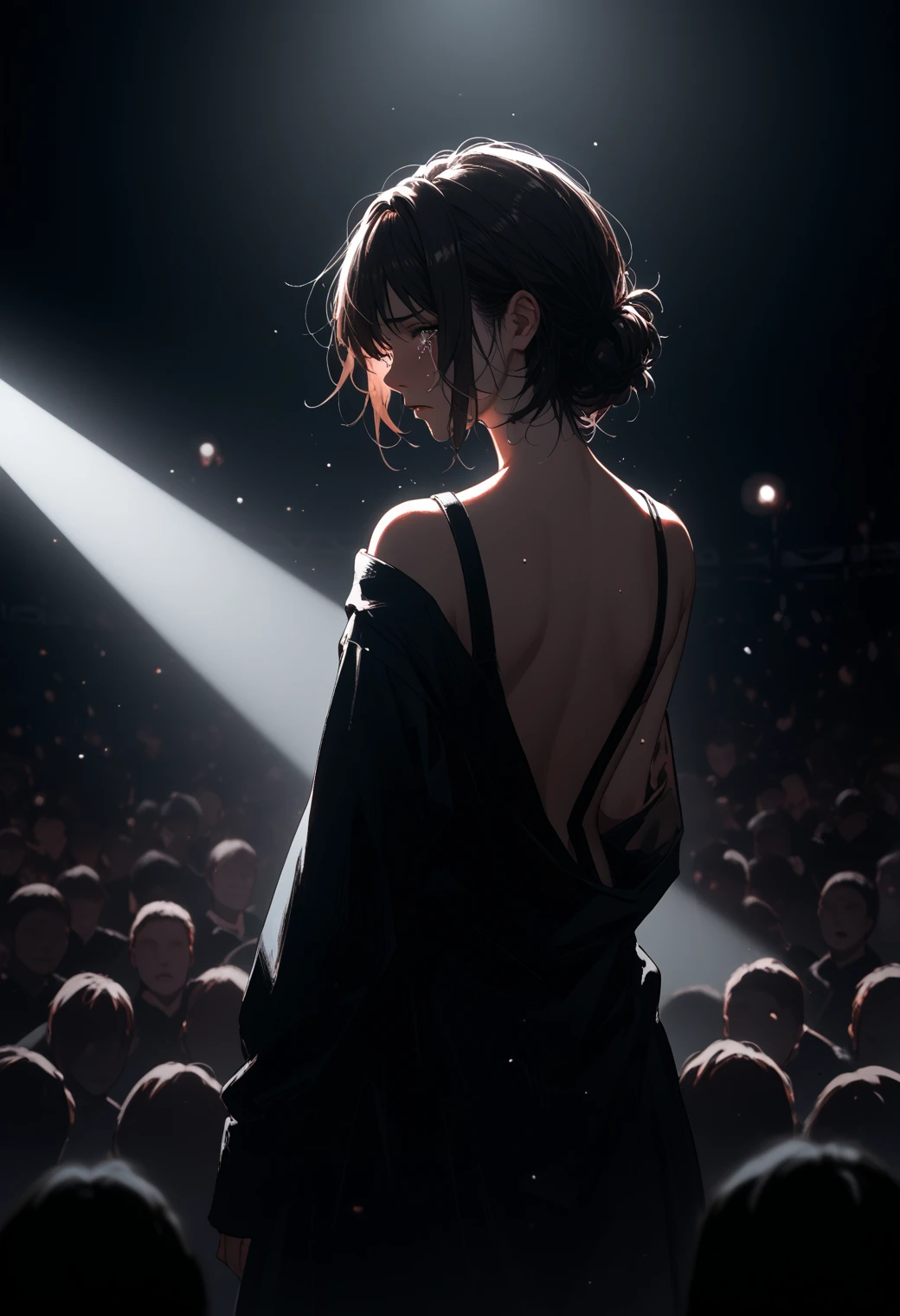 The woman's back is turned to the audience,looking back to the audience,a look of despair in her eyes,tears streaming down,shot from top to bottom,dark style,rich colors,dark colors,dim light,