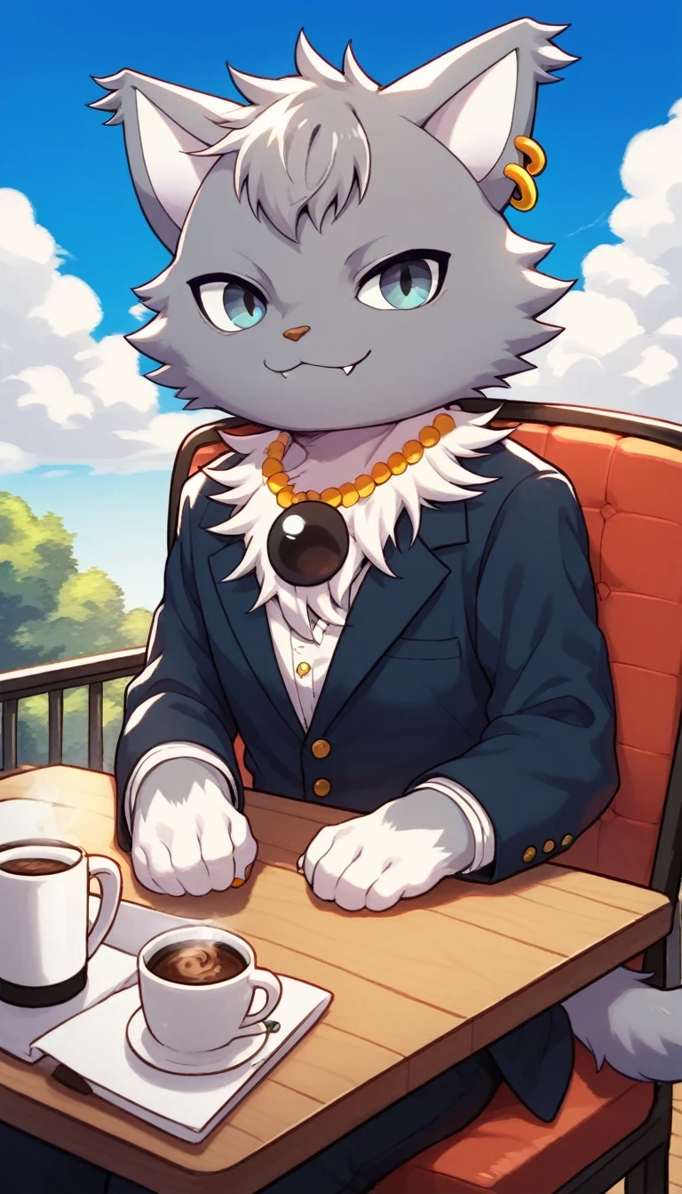 ((dian)), male, furry, furry male, solo, 1boy, jewelry, no humans, solo, necklace, :3, cat, earrings, looking at viewer, smile, fangs, sitting at chair, table, coffee, outside, blue sky, clouds, simple background, score_9, score_8, 2d, anime, coffee restaurant