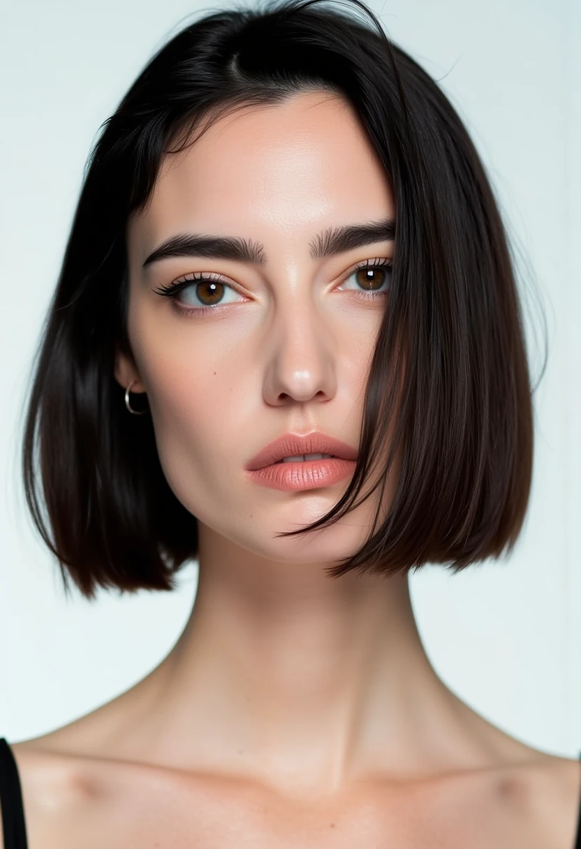 High-quality photo of amelielens woman with striking, symmetrical features and a serious expression. She has a sleek, shoulder-length bob with a center part, giving her a polished look. Her dark hair is smooth and glossy, framing her face evenly. She has bold, defined eyebrows and wears subtle makeup, with a focus on her eyes, accentuated by a classic winged eyeliner that adds intensity to her gaze. Her lips are natural, with a slight, neutral tone. She’s dressed in a minimalistic outfit, with just a hint of fabric visible at the shoulders, and the background is a clean, light tone, bringing full attention to her face.