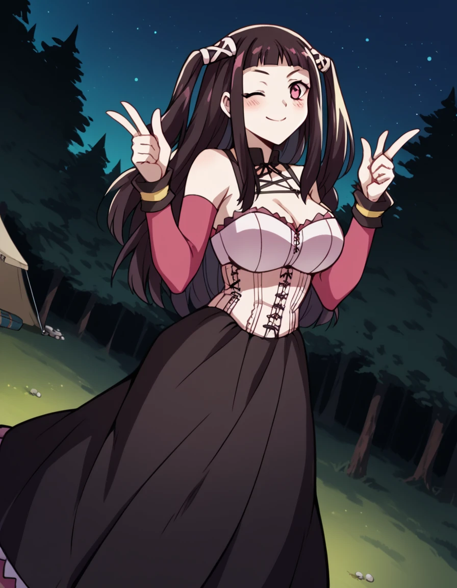 score_9, score_8_up, score_7_up, source_anime, <lora:ruby-toujou-s2-ponyxl-lora-nochekaiser:1>, ruby toujou, long hair, black hair, pink eyes, two side up, bangs, blunt bangs, large breasts,, detached sleeves, corset, skirt, black skirt, long skirt,, camping, bonfire, tent, stargazing, marshmallows, forest clearing, night, smile, <lora:double-finger-gun-ponyxl-lora-nochekaiser:1>, double finger gun,, blush, smile, one eye closed, from side, looking at viewer, solo,, dutch angle, cowboy shot