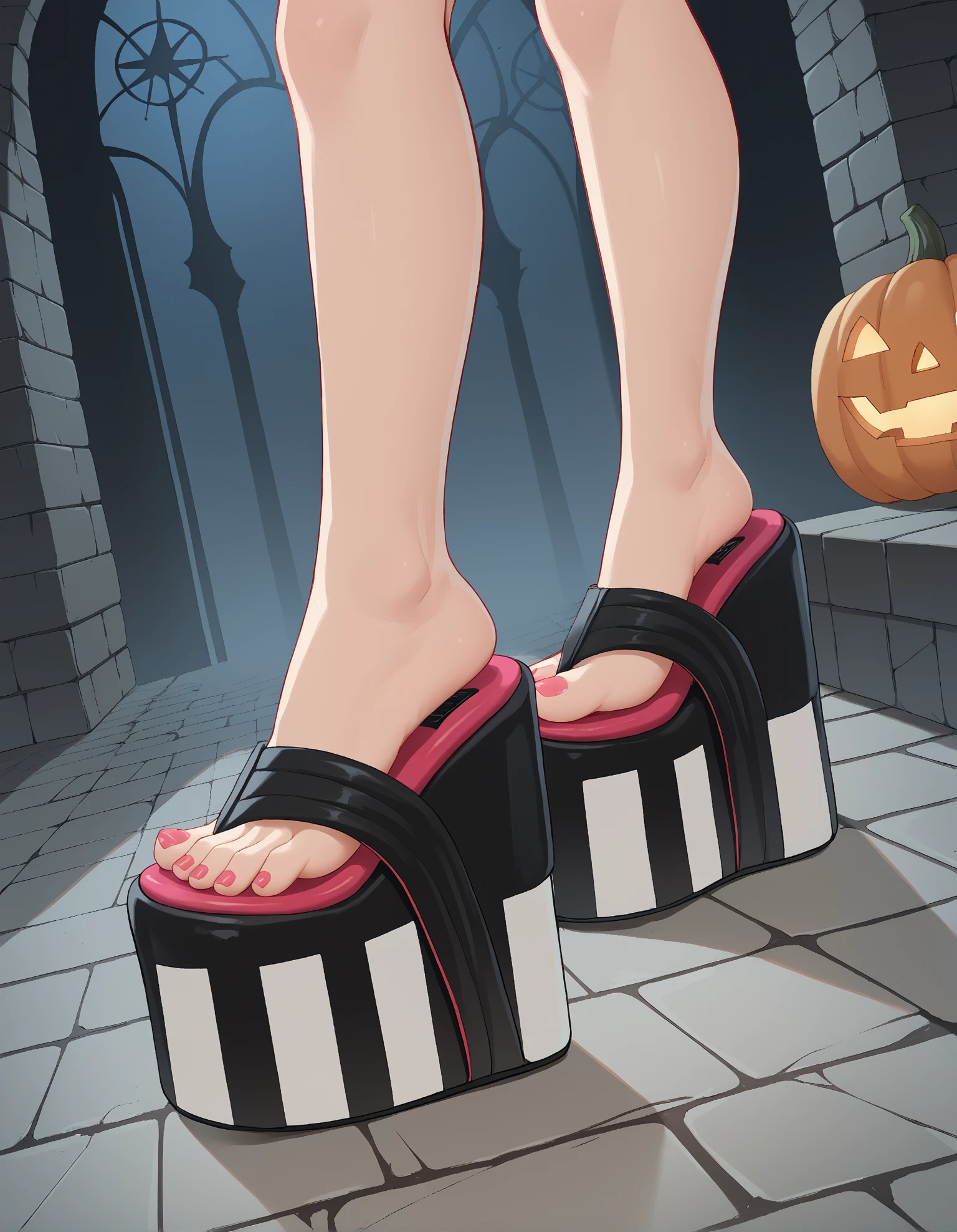 score_9, score_8_up, score_7_up, score_6_up, source_anime,
halloween scene, (from above:0.6), (from side:0.5),
foot focus,
1girl,
standing, feet apart,
dungeon, night dark, fog,
ï»¿lag00na platform flip flops, (platform footwear:1.3), pink toenail polish,
embedding:zPDXLrl ,
embedding:zPDXL2 ,