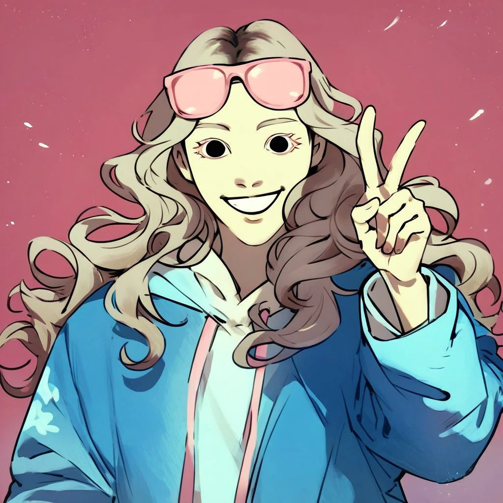 score_9, score_8_up, score_7_up, score_6_up, high res, good proportions, good anatomy, dynamic pose, 1girl, solo, vivi, light-brown hair, long hair, wavy hair, black eyes, blue jacket, hoodie, eyewear on head, pink sunglasses, smile, v, upper body