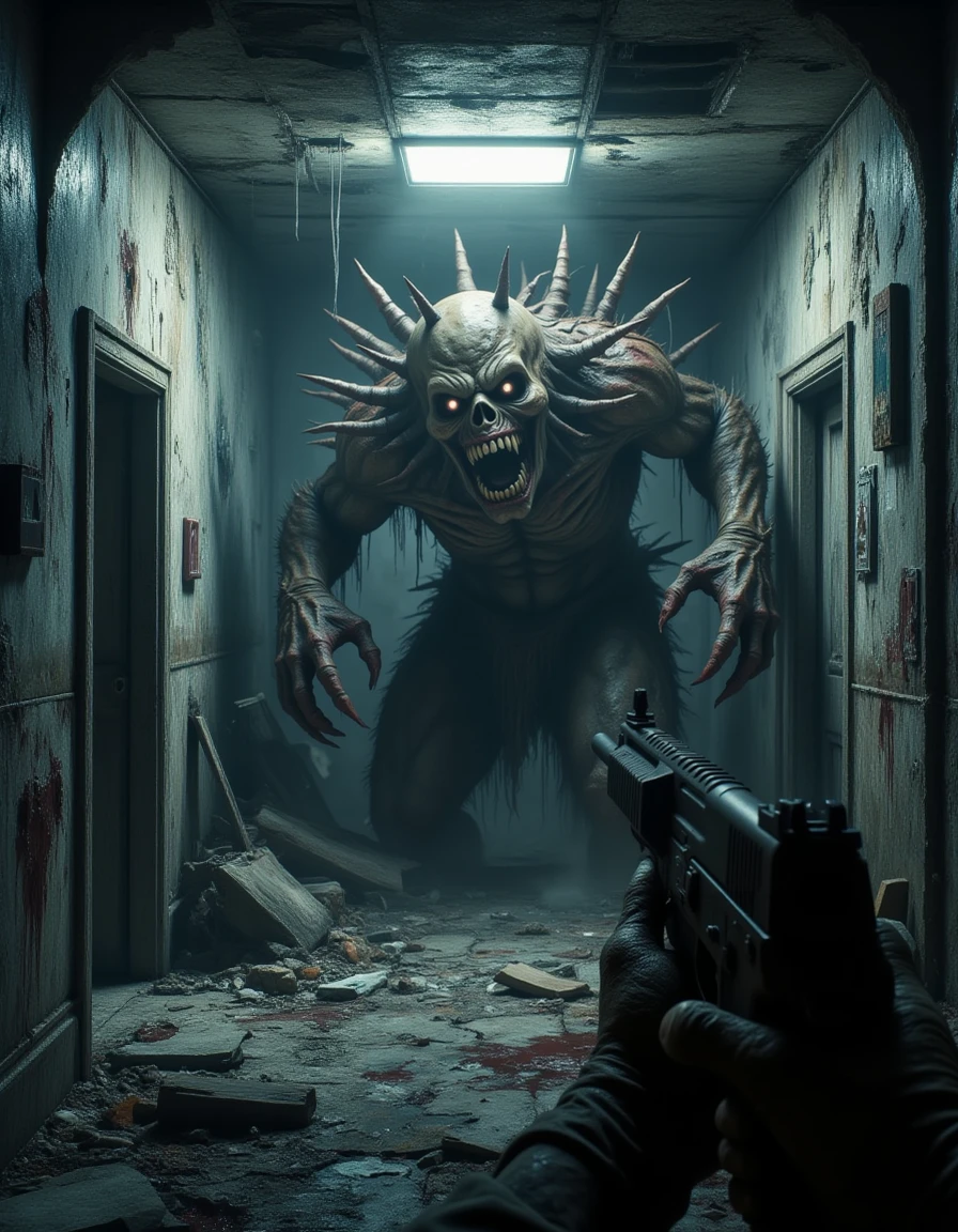 <lora:85009e9f-874f-46e3-b8ff-defb996545c9.TA_trained:0.8> "From his gun they are flying bullets and to his bodyA hyper-realistic, first-person horror scene in a dark, abandoned hallway of a decrepit building, designed like a video game. The player's hand, holding a weapon, is pointed towards a terrifying, massive monster bursting through a broken window in the wall. The creature has sharp, spiked limbs, hollow eyes, and a menacing grin with rows of jagged teeth. Blood splatters across the walls and drips down the creatureâs claws, with shards of broken glass flying around. Flickering overhead lights cast eerie shadows, highlighting the monster's sinewy, gnarled skin and creating a sense of chaotic motion. The scene is gritty and intense, with blood spraying out from the monsterâs wounds as it charges forward, ready to attack. The atmosphere is dark and claustrophobic, enhancing the survival horror game feel."
