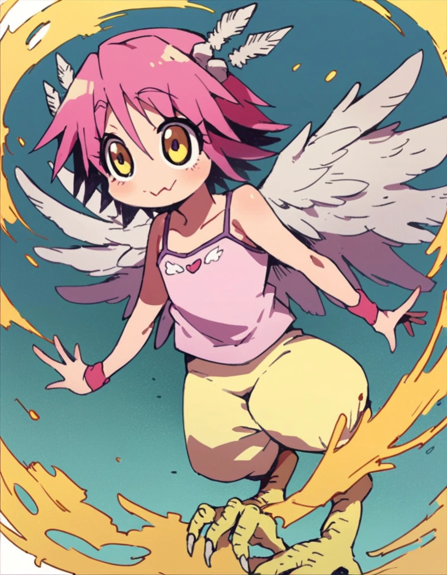 score_9, score_8_up, score_7_up, score_6_up, source_anime, anime coloring,   <lora:harpy-muromu-pony:0.8> muromiharpy, wings, pink hair, yellow eyes, short hair, monster girl, harpy, feathered wings, camisole, talons, hair ornament, 1girl, solo