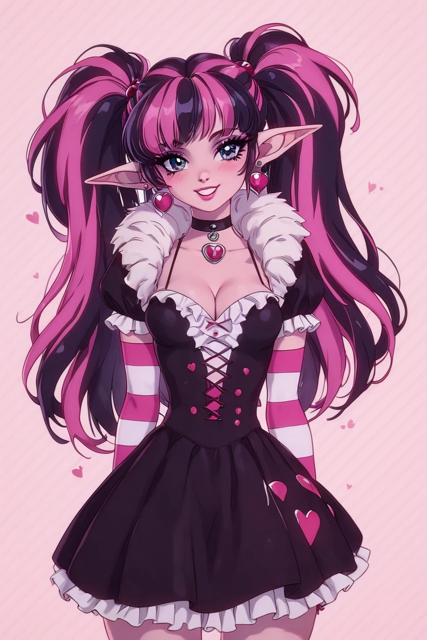 score_9, score_8_up, score_8, , (curvy), cute, eyelashes,       BREAK, , zzDraculaura, black hair, twintails, multicolored hair, two-tone hair, streaked hair, long hair, pink hair, pointy ears, retro artstyle, 1990s (style),  cleavage, jewelry, heart, earrings, black choker, frills, striped, fur trim, makeup, heart earrings, striped sleeves, black dress,    <lora:NewDraculaura_PDXL:1.0>,, BREAK, smile, looking at viewer, cowboy shot, ,,, embedding:zPDXL, Expressiveh, ,,, <lora:Zy0n7_PDXL:0.8>, <lora:SDXLFaeTastic2400:0.5>, <lora:Expressive_H-000001:0.4>,