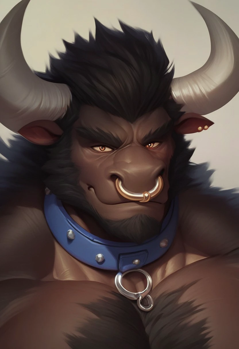 zPDXL3,score_9, score_8_up, score_8, score_7_up, score_7, source_furry,  digital media \(artwork\), masterpiece, high quality, best quality,1boy, furry male, solo,upper body,looking at viewer,muscular male,nose_piercing,nose ring,(shoulder),(collar),Minotaur