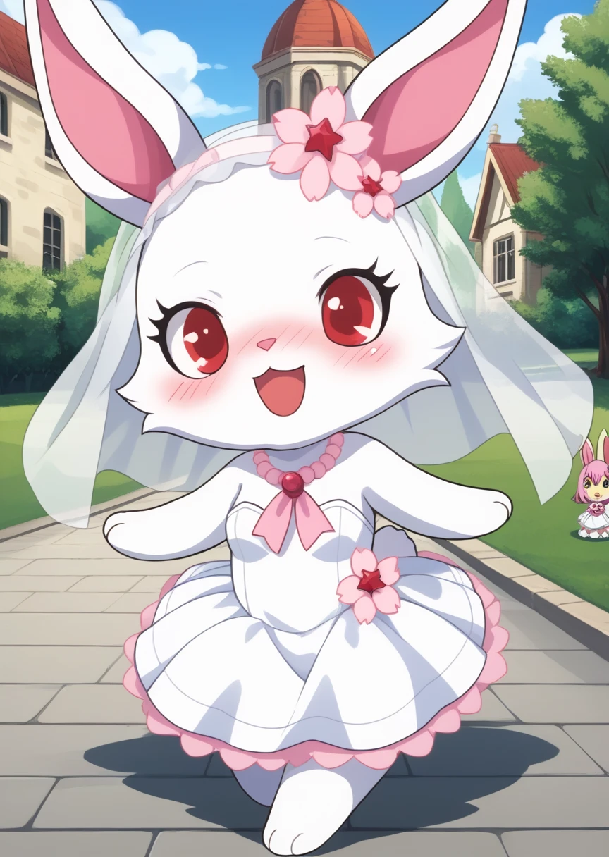 score_9, score_8_up, score_7_up, score_6_up, score_5_up, BREAK
ru6y, anthro, female, jewelpet, furry, rabbit ears, solo, looking at viewer, smile, open mouth, hair ornament, red eyes, flower, :d, necklace, no humans, rabbit, chibi, short limbs, park, dynamic pose, church, wedding dress, wedding veil, blush, nose blush, deep blush