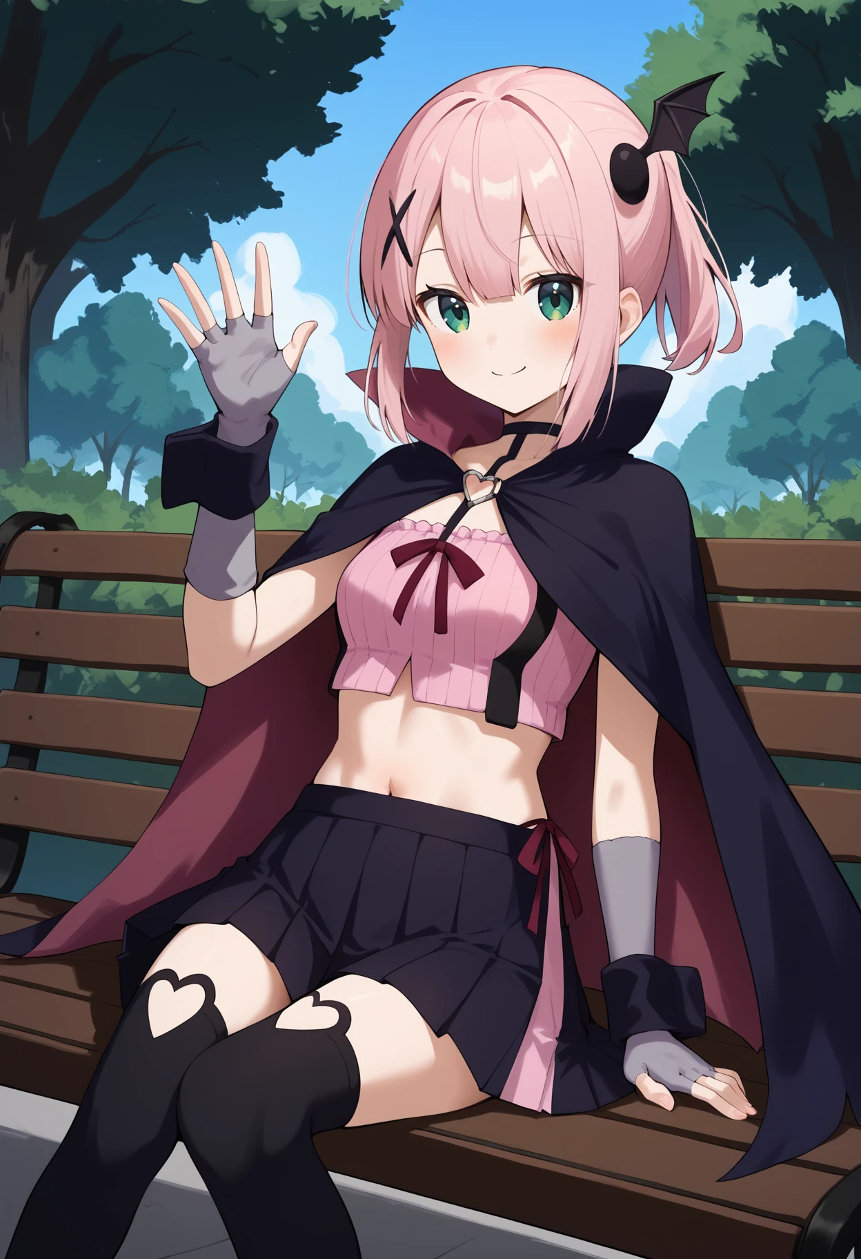 score_9, score_8_up, score_7_up, score_6_up, score_5_up, score_4_up, source_anime, aamomo, short hair, pink hair, ponytail, x hair ornament, green eyes, small breasts, black choker, black cape, crop top, pink shirt, wrist cuffs, fingerless gloves, grey gloves, midriff, pleated skirt, black skirt, black thighhighs, <lora:chiyoda_momo_ponyxl_v1:0.9>, sitting, waving, smile, bench, park,