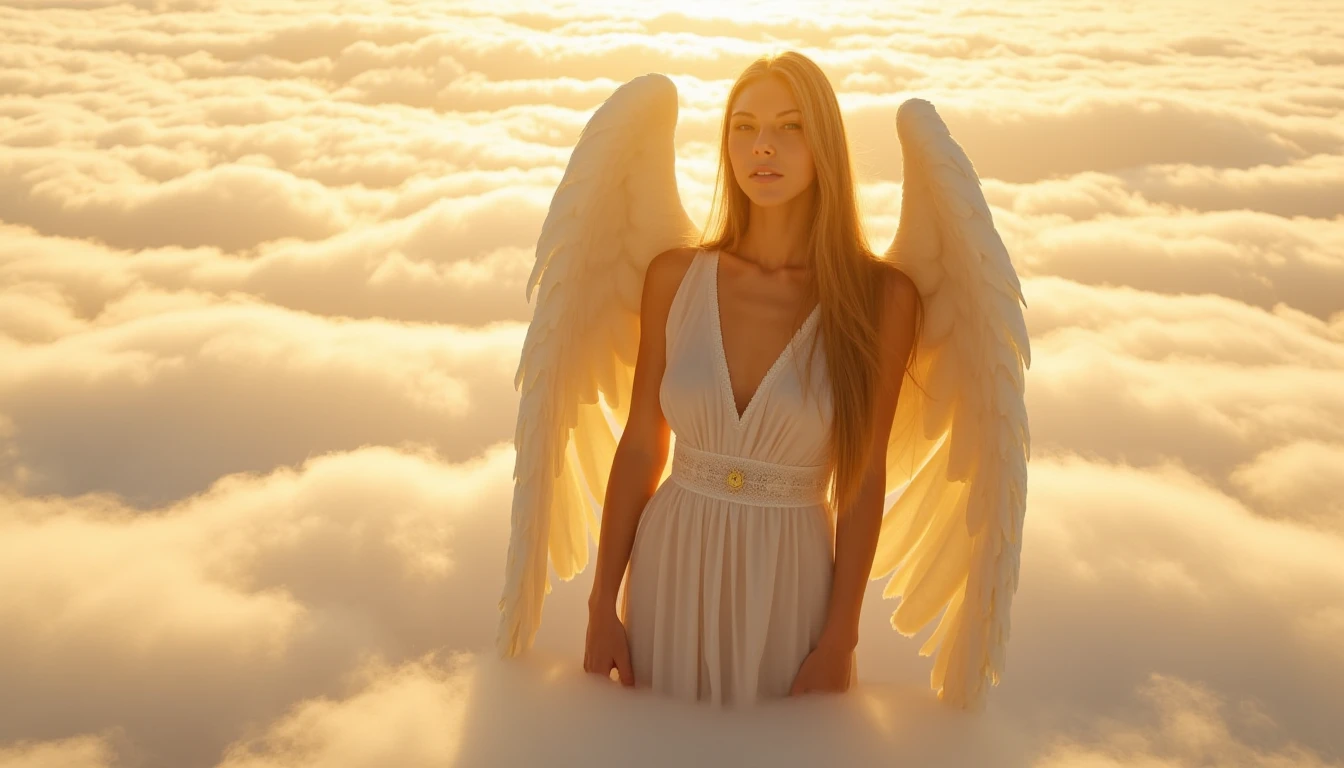 A breathtakingly beautiful woman, with long flowing  hair, poses seductively upon a bed of clouds that billow in every direction. She wears a conservative, diaphanous robe, suggesting a sculpted form and highlighting her exquisitely detailed skin, glowing with a radiant, almost divine heat. Sunlight bathes the scene in a mesmerizing prismatic rainbow glow, casting soft chiaroscuro shadows on her figure.  The composition follows the rule of thirds, drawing the viewer's eye towards the captivating focal point: her face, lit by golden light that dances on her skin and accentuates the subtle lines of her features. 

She has large angel wings, the majestic white wings are open behind her and golden light dances through them.

The image incorporates elements of religious iconography - delicate symbols woven into the fabric of her robe, reminiscent of ancient Greek art, hints at a celestial power within. This is a masterpiece photograph rendered in realistic detail with a photo-realistic style, capturing the essence of divine beauty."

Rule of Thirds & Golden Ratio: These principles guide composition to create visually appealing balance and interest.
Chiaroscuro: The contrast between light and shadow creates depth and drama in the image. This can be achieved by focusing on dramatic lighting with the sunlight reflecting off her skin.
Photorealistic Style: Emphasize detailed texture, realistic skin tones, and a sense of depth through perspective and focal points.
Religious Iconography: Use subtle details to hint at the divine nature of the subject without being explicit. SFW, safe for work, 