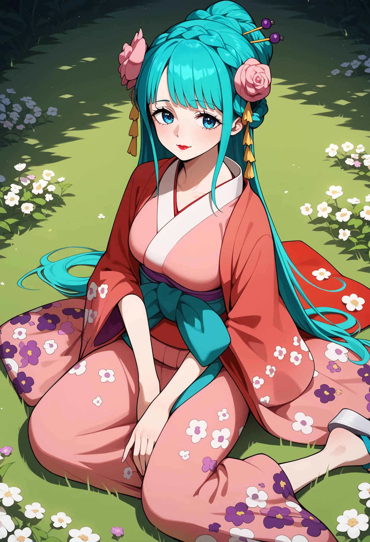 score_9, score_8_up, score_7_up, score_6_up, score_5_up, score_4_up, source_anime, aahiyori, long hair, aqua hair, braid, hair flower, blue eyes, lipstick, breasts, red kimono, pink kimono, sash, <lora:kouzuki_hiyori_ponyxl_v1:0.9>, sitting, on floor, field, grass, sandals,