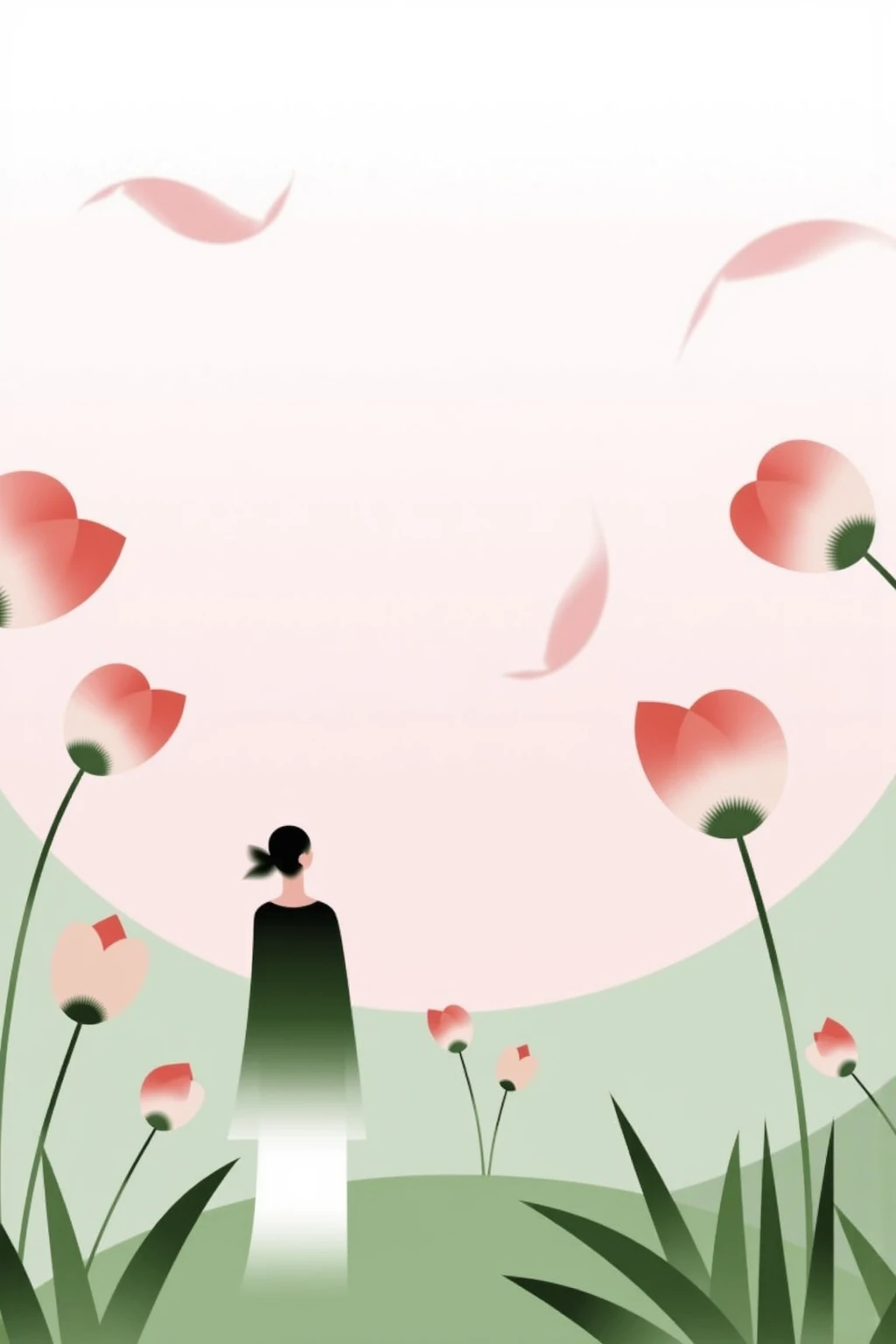 CynthiaPoster. This image is a minimalist, stylized poster that uses soft gradients and flowing lines. This illustration captures a tranquil moment where a figure stands with their back to the viewer, observing a field of abstract flowers. The figure’s flowing attire harmonizes with the colors of the landscape, which transition from soft pinks to muted greens. The gentle movement of the flowers enhances the sense of peace, while the figure’s posture conveys a deep appreciation for nature. The background features a smooth gradient that adds depth to the scene, creating a harmonious balance between the figure and the environment. The design emphasizes simplicity and elegance, with abstract shapes that flow around the figure, enhancing the sense of movement and fluidity. The overall aesthetic feels modern and artistic, with a dreamy and ethereal