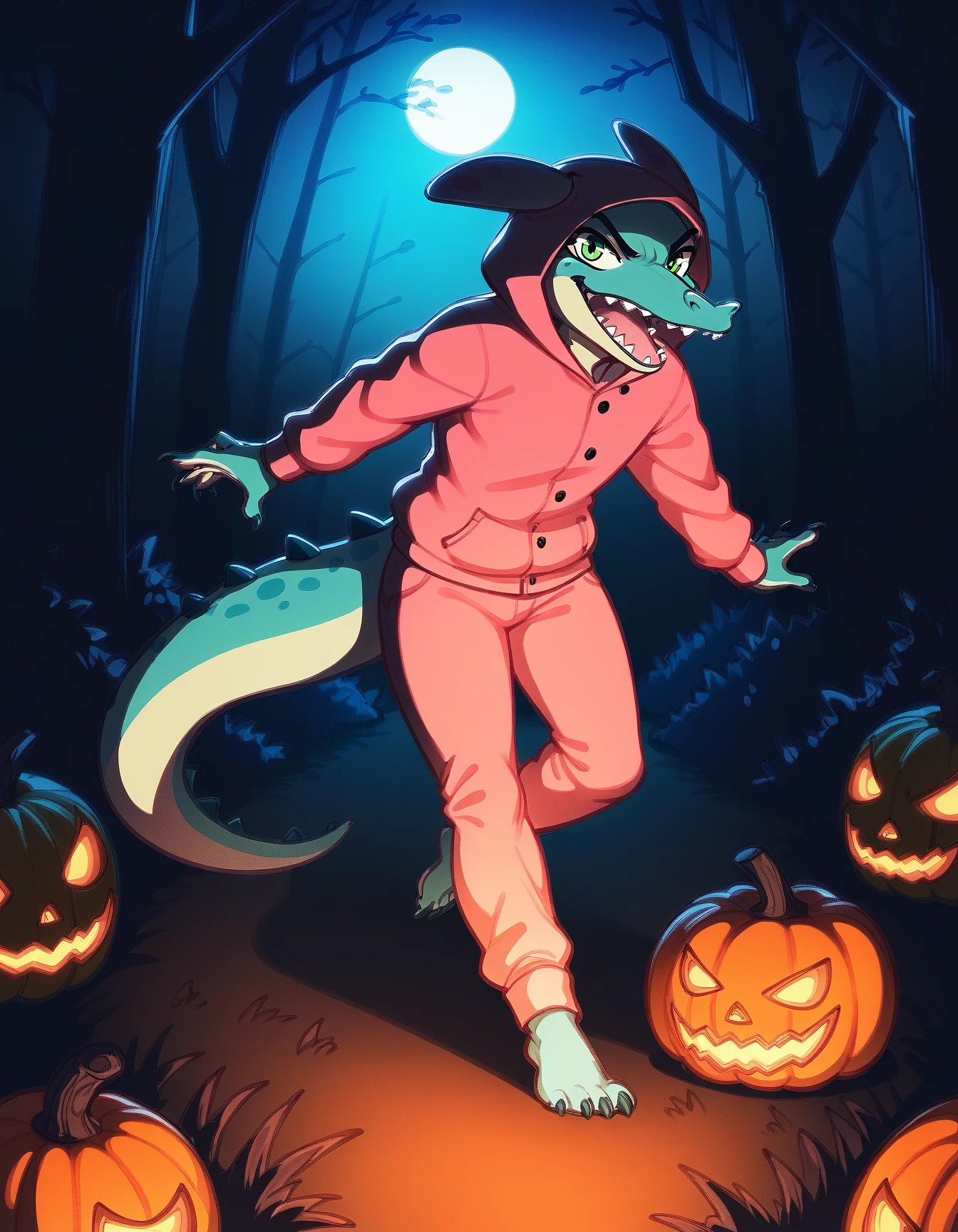 score_9, score_8_up, score_7_up, score_6_up, score_5_up, score_4_up, reptile, anthro
Zhora, green eyes, pink pajamas, hood, turquoise skin, two tone skin, sharp teeth, tail, long nose,<lora:dark_v1.9-pony:0.9> black theme, dark theme, dark background, looking at viewer, forest, night, jack-o'-lantern, backlighting, open mouth, angry, full body
 <lora:Zhora_XL:0.9>