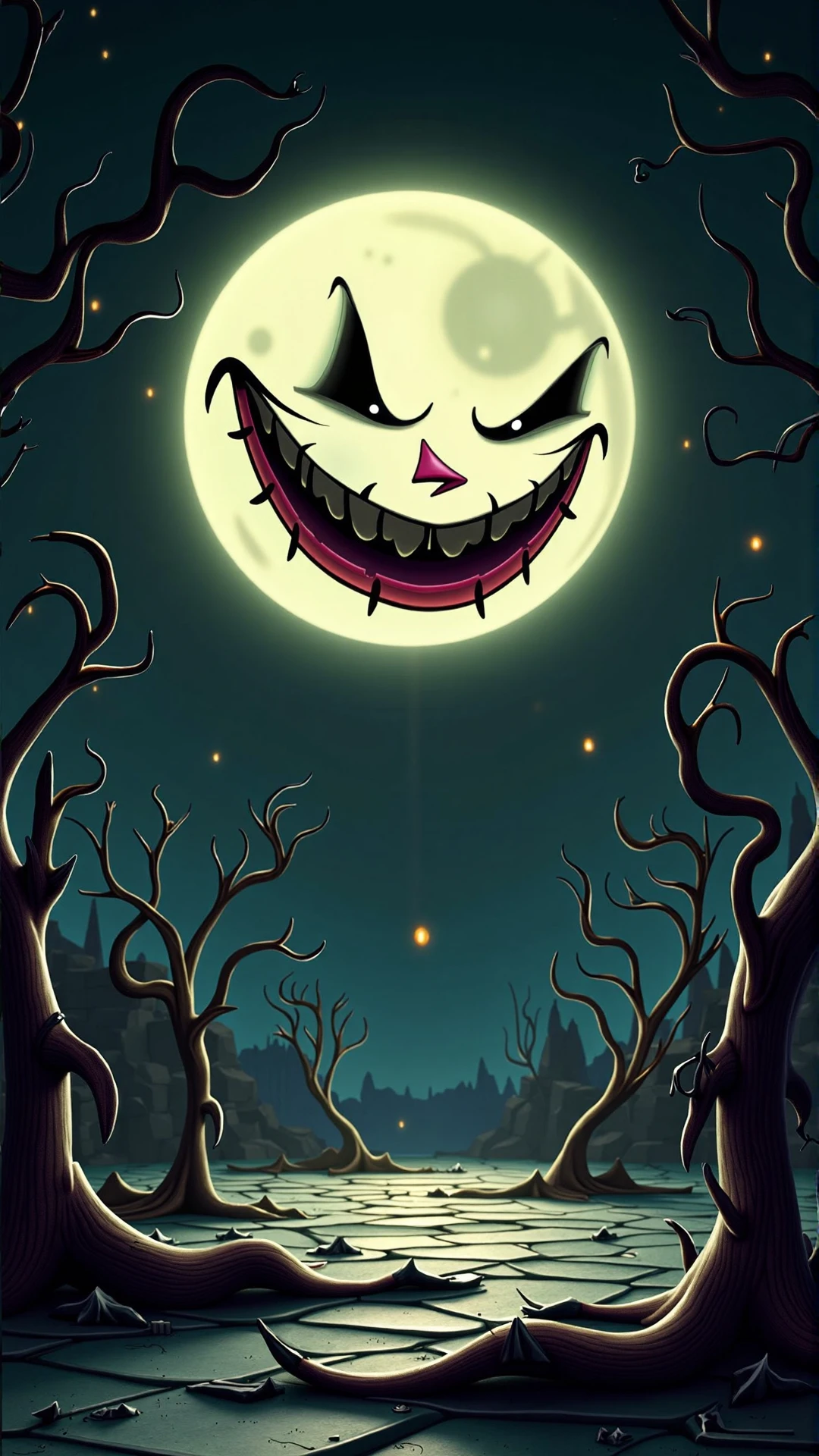 An image of a villainous item: A villainous, twisted rendition of the moon, its glowing surface warped into a menacing smirk. The malevolent moon's face is stretched in a maniacal, evil grin, its cratered eyes gleaming with wicked intent. A diabolical crescent-shaped smile cuts across its face, illuminating the dark surroundings with an eerie, malefic glow.
The nefarious moon hangs low in a foreboding, inky black sky, casting an ominous, villainous light upon the desolate, barren landscape below. The twisted, nightmarish terrain stretches out in all directions, a seemingly endless expanse of jagged, rocky outcroppings and dark, foreboding silhouettes.
In the foreground, skeletal trees loom like specters, their bare, bony branches etched against the dark sky like the grasping fingers of some long-forgotten evil. The air is heavy with an aura of malevolence, as if the very presence of the twisted moon has corrupted the land itself, imbuing it with a dark, malignant energy.<lora:VillainousStyleFlux:1>