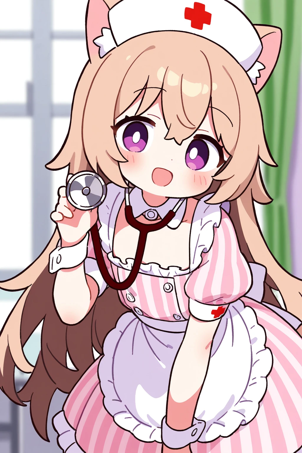 1girl, solo, long hair, looking at viewer, blush, smile, open mouth, bangs, skirt, brown hair, shirt, hat, dress, holding, animal ears, hair between eyes, very long hair, purple eyes, short sleeves, :d, frills, striped, puffy sleeves, indoors, cat ears, hand up, apron, puffy short sleeves, head tilt, wrist cuffs, window, leaning forward, detached collar, blurry background, white headwear, light brown hair, curtains, pink dress, waist apron, white apron, vertical stripes, frilled apron, nurse cap, nurse, white collar, stethoscope,flat chest