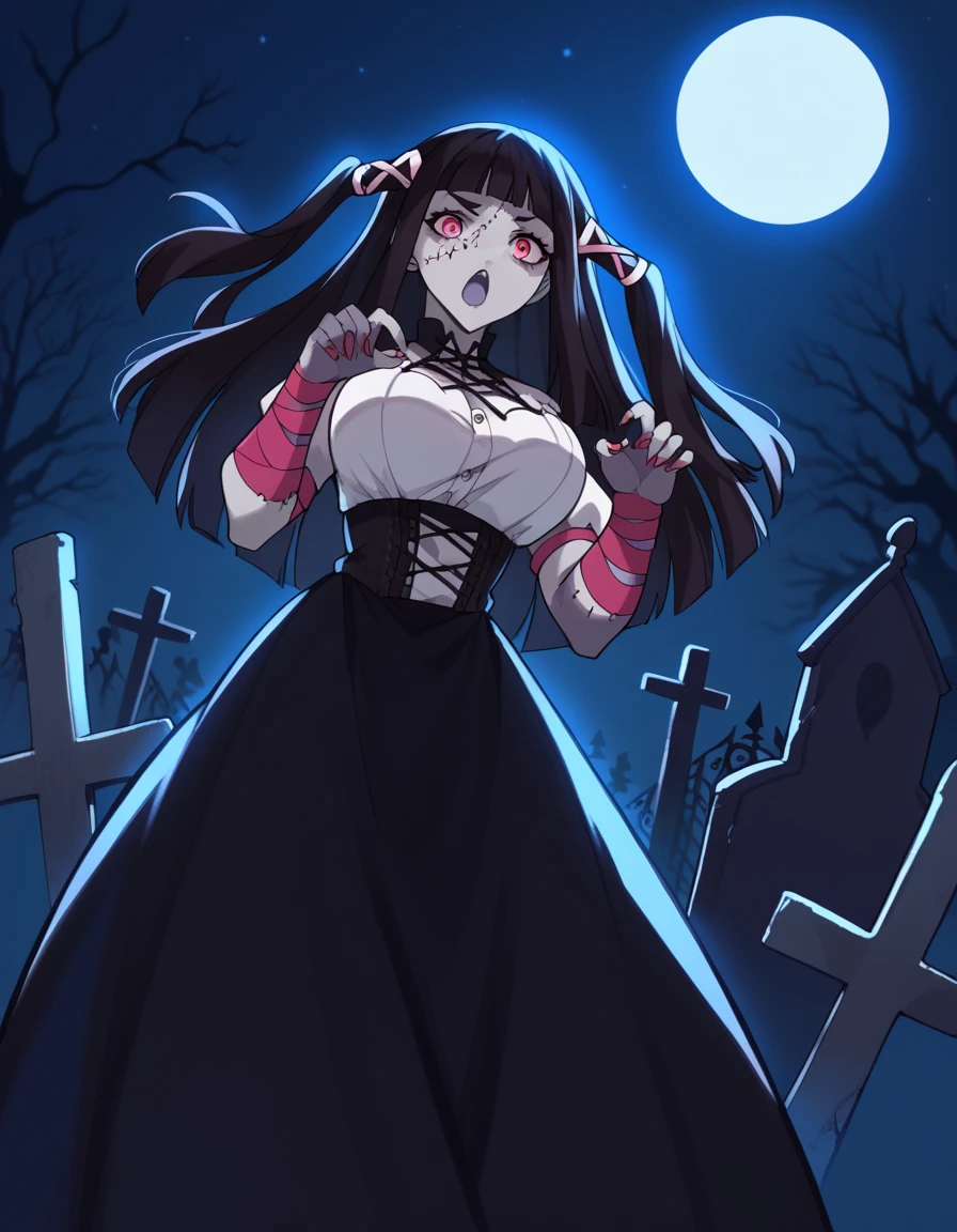 score_9, score_8_up, score_7_up, source_anime, <lora:ruby-toujou-s2-ponyxl-lora-nochekaiser:1>, ruby toujou, long hair, black hair, pink eyes, two side up, bangs, blunt bangs, large breasts,, <lora:zombie-ponyxl-lora-nochekaiser:1>, zombie, colored skin, stitches, grey skin, multicolored skin, stitched face, zombie pose, halloween, halloween costume,, night, moon, graveyard, tombstone, grave, open mouth, , dutch angle, cowboy shot