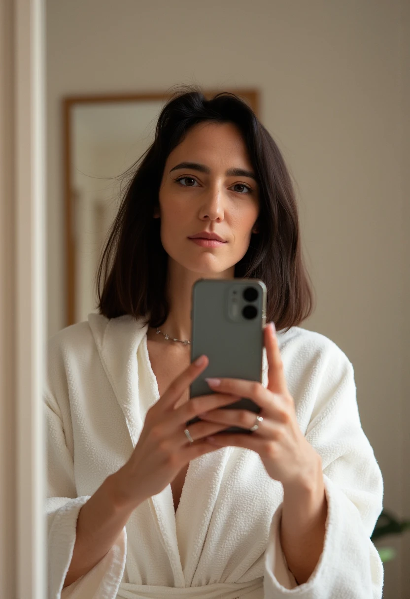 iphone selfie photo of amelielens woman in front of a mirror. She has shoulder-length dark hair. amelielens woman is wearing a bathrobe. She has a phone on her hand