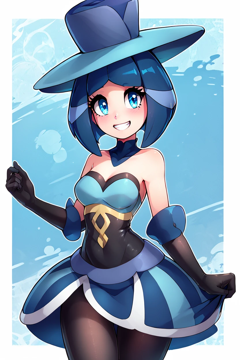 score_9, score_8_up, score_8, medium breasts, (curvy), cute, eyelashes,       ,,, , ,,, zzEvelyn, blue eyes, blue hair, medium hair, black gloves, blue headwear, bare shoulders, elbow gloves, blue dress,  <lora:Evelyn_Pokemon_PDXL:0.8>,     ,,,, BREAK, smile, looking at viewer, ,,, abstract background, white outline, cowboy shot, ,,, embedding:zPDXL, Expressiveh, ,,, <lora:theOtherHalfPDXL:0.8>, <lora:CatalystStylePDXL:0.6>, <lora:SDXLFaeTastic2400:0.5>, <lora:Expressive_H-000001:0.4>,