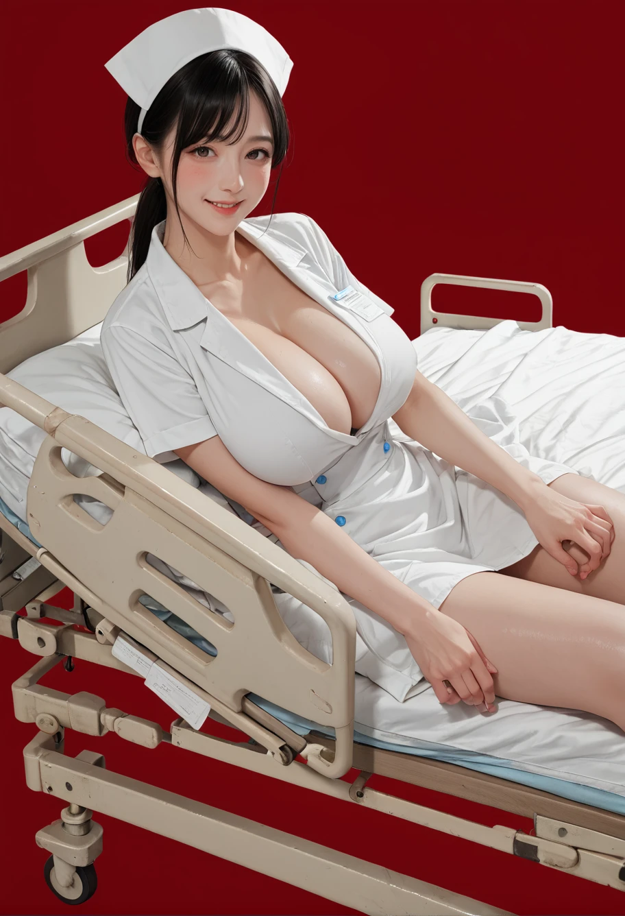 ,ruanyi1124,hospital bed,red background,full body,<lora:1124 hospital bed_v1_pony:1>, score_9, score_8_up, score_7_up, score_6_up, score_9, score_8_up, score_7_up, score_6_up source_anime, blush, horny, 1girl, seduce smile, perfect body , natural huge breasts , source _anime,