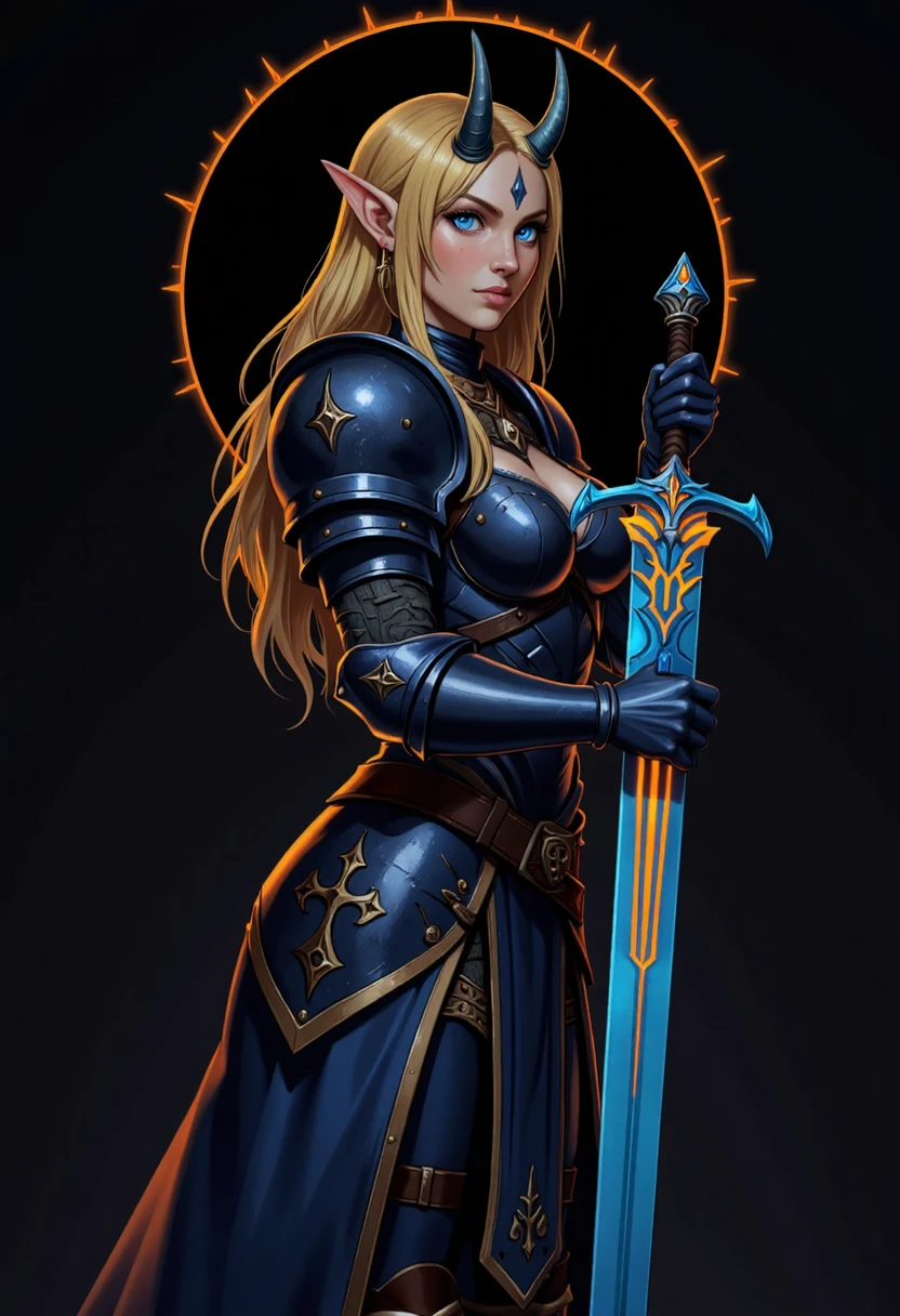 (Pov from the side, a beautiful blonde female elf with blue eyes and horns, wearing dark blue armor with orange glowing details, holding a runesword by the handle point the sword down, the sword is blue with orange glowing details, dark in background:1.2)