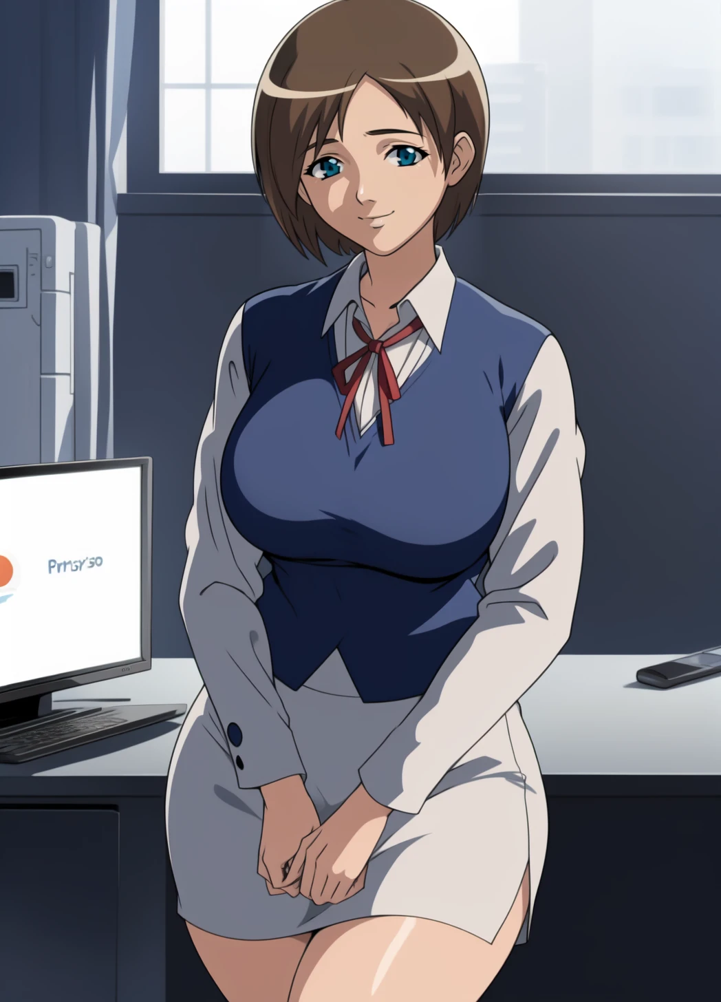 ((super high quality,))((Ultra-high resolution,))(16K,)(super masterpiece,)((Ultra HD ,))(Detailed shading,)One sexy office lady,Cleavage,popped Tight collar White shirts,Ecstatic smile,blush,Facing forward,Office in the morning sun,slouch,