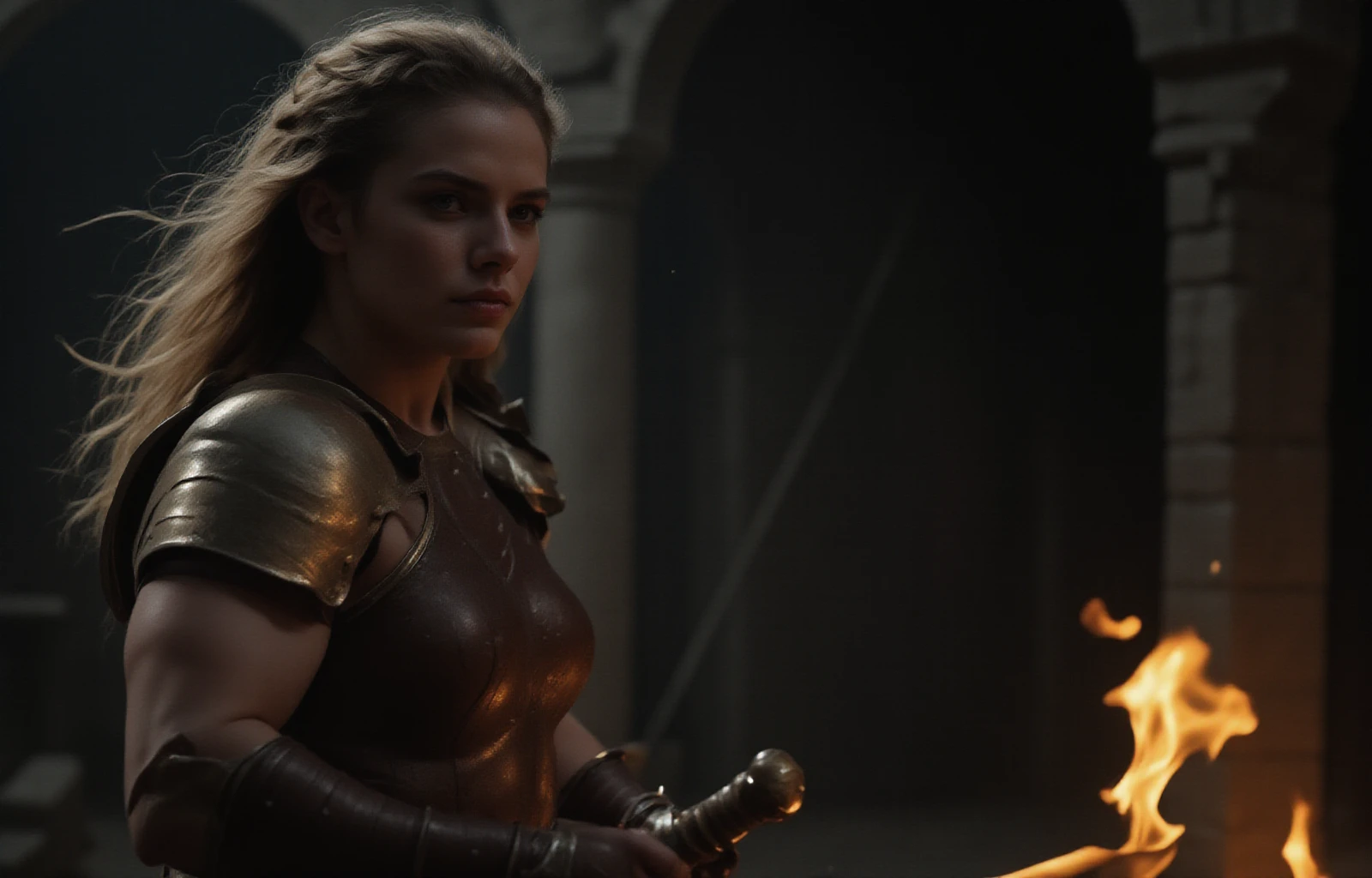 film scene from Denis Villeneuve. Cinematography. Dramatic lighting and moody atmosphere. in a dark dungeon.

a gorgeous 25 year old Amazondiablo with long hair. She has a armor with pauldrons, she hold a flaming sword, full body shot, full body , front view, muscular, running,