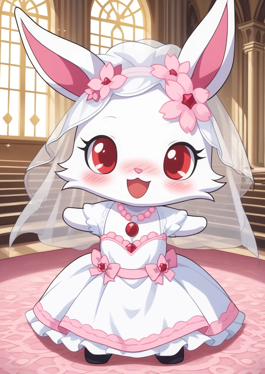 score_9, score_8_up, score_7_up, score_6_up, score_5_up, BREAK
ru6y, anthro, female, jewelpet, furry, rabbit ears, solo, looking at viewer, smile, open mouth, hair ornament, red eyes, flower, :d, necklace, no humans, rabbit, chibi, short limbs, dynamic pose, church, (wedding dress), wedding veil, blush, nose blush, deep blush