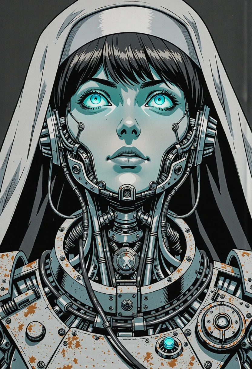 Nistyle, A highly detailed close-up of a robotic nun's face in manga style, featuring intricate mechanical components and a rusted, dystopian skin texture. Her bushy eyebrows are made of metallic filaments, and her dark hair is replaced by sleek, reinforced plating. She gazes upward with a serene, reverent expression, her blue-green eyes glowing softly with a calm light, as if deep in prayer. Exposed wires and micro control panels are visible along her neck and shoulders, adding to her complex design. The drawing is in black and white, emphasizing the futuristic, vintage nun's outfit reimagined in a mechanical style. The shading highlights the intricate details of her robotic habit, blending both solemnity and a sense of advanced technology, creating a mood of solemn devotion and quiet grace amid a dystopian atmosphere.