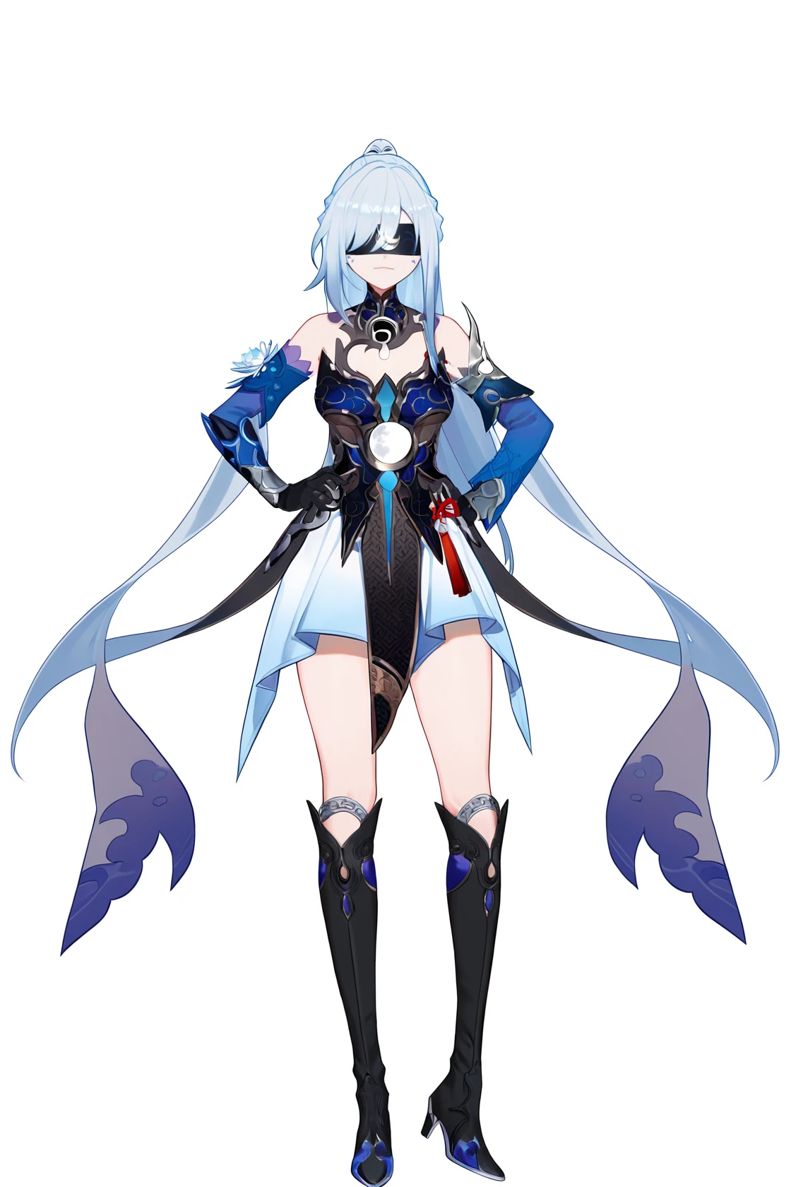 8k, best quality, masterpiece, (ultra-detailed), (high detailed skin), (by nanoless, by misumi \(macaroni\):0.25),
full body, full shot, standing, looking at viewer, (solo:1.2), simple background, white background, hand on own hip, solo,
<lora:jingliu-a3-Tanger-000014:1>, jinliu, default clothes, silver hair, blue and white chinese dress, Blindfold with crescent marking, 1girl, eyepatch, long hair, boots, black gloves, bangs, bare shoulders, ponytail, black footwear, covered eyes, Blindfold,
A full-body portrait of a young girl, standing gracefully, pastel art style, high-key lighting, shoujo manga influence, hd quality, delicate details,