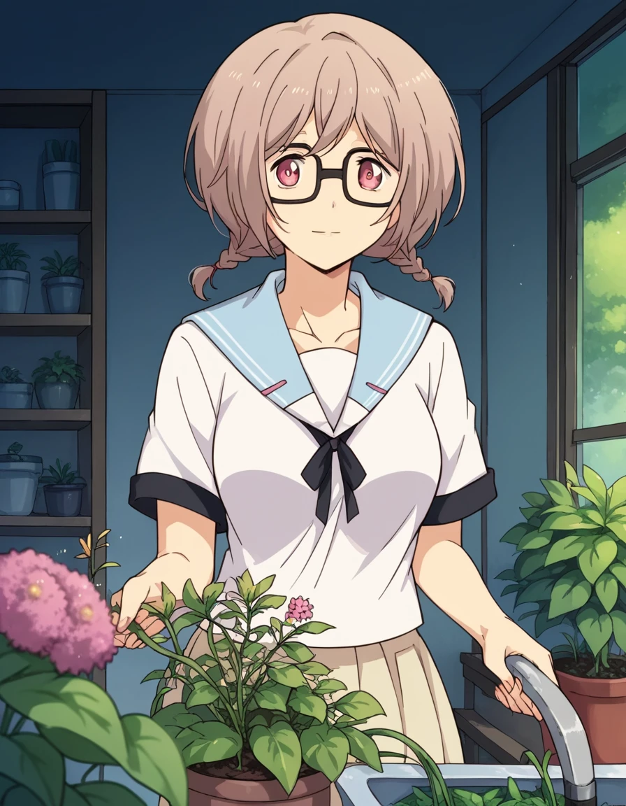 score_9, score_8_up, score_7_up, source_anime, <lora:an-onoya-s1-ponyxl-lora-nochekaiser:1>, an onoya, brown hair, pink eyes, braid, twin braids, glasses, large breasts,, shirt, ribbon, school uniform, short sleeves, serafuku, sailor collar,, gardening, watering plants, backyard, flowers blooming, sunny day,, , v,, looking at viewer, solo,, dutch angle, cowboy shot