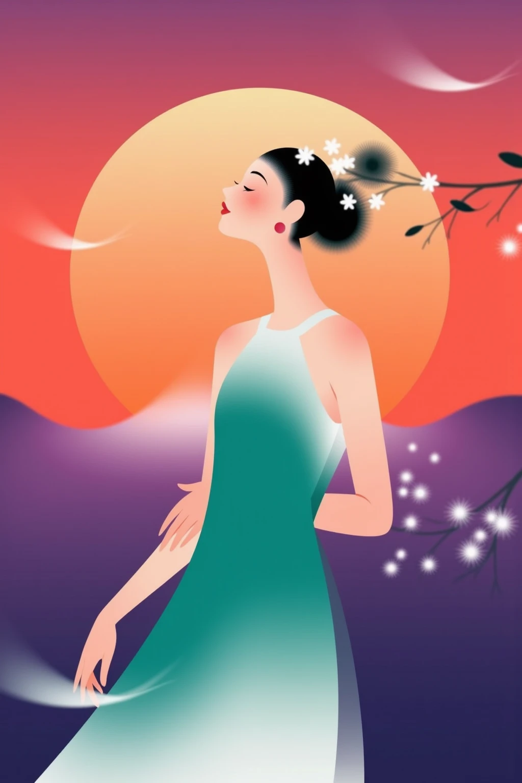 CynthiaPoster. This image is a minimalist, stylized poster that uses soft gradients and flowing lines. This illustration depicts a graceful figure in a flowing teal dress, her hair adorned with delicate white flowers. She stands against a vibrant sunset background, where warm reds and oranges blend seamlessly into deep purples. The figure's serene expression conveys a sense of peace as she interacts with the soft, swirling colors around her. The light from the sunset casts a warm glow, enhancing the overall sense of harmony and tranquility. The design emphasizes simplicity and elegance, with abstract shapes that flow around the figure, enhancing the sense of movement and fluidity. The overall aesthetic feels modern and artistic, with a dreamy and ethereal quality.