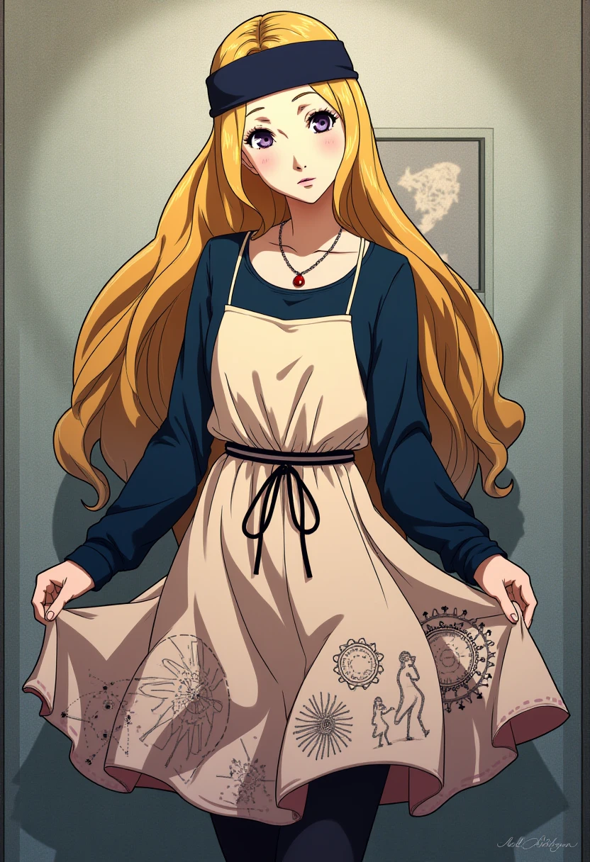 A detailed solo portrait of mifune chihaya,, blonde,
Anime style, sharp, high contrast and highly detailed.,
 <lora:persona5_mifune_chihaya_flux_1_2-000004:1>,
She is wearing a layered, bohemian-style outfit. She has on a long-sleeved, deep blue underlayer paired with a flowing, pastel-colored dress featuring abstract patterns. The dress has thin, black ties around the waist, adding a slight cinching effect, and the fabric has a subtle texture with artful black circular and line designs that resembles mythical patterns. Her accessories include a wide, dark headband that sits over her long, wavy blonde hair, creating a relaxed and artsy look. Sheâs also wearing a necklace with a red pendant that stands out against her outfit. The outfit is completed with dark tights and black ballet flats, which enhance her refined, yet casual appearance.