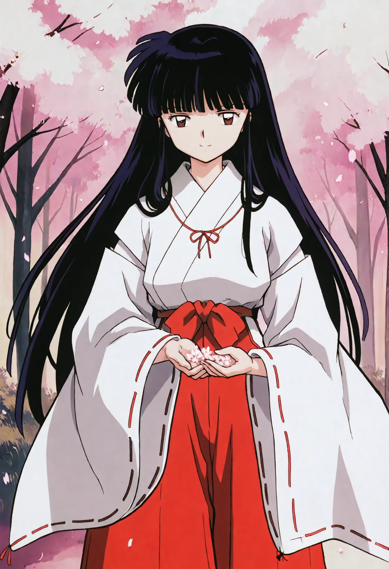 <lora:kikyo_inuyasha_ill:1> kikyoinu, 1girl, japanese clothes, miko, solo, black hair, brown eyes,, hime cut, wide sleeves, looking at viewer, red hakama, long sleeves, standing, blunt bangs, closed mouth, very long hair <lora:kikyo_inuyasha_pony:1> smile, forest, cherry blossoms, cowboy shot,