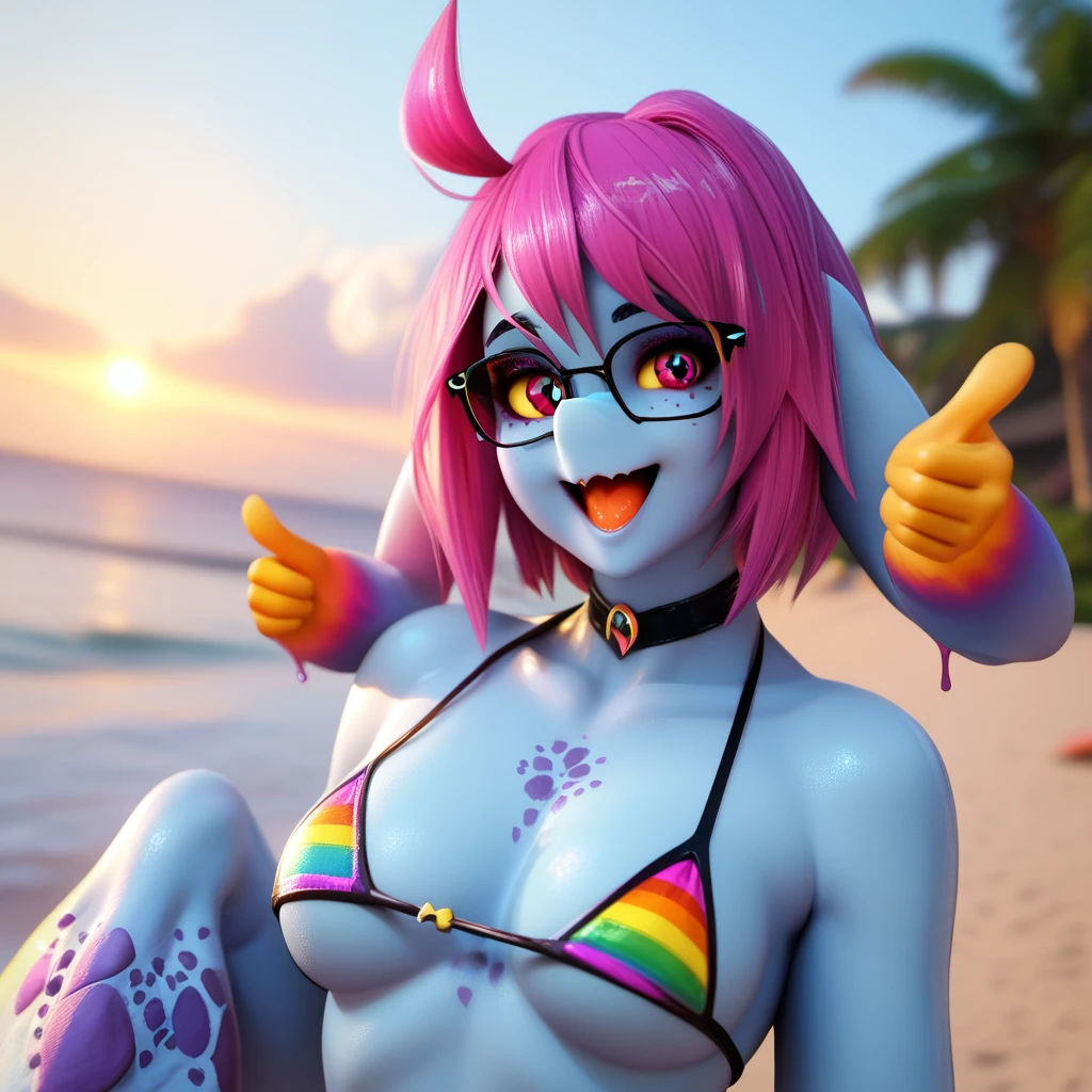 score_9, score_8_up, score_7_up, photo, realistic, cteno, 1girl, solo, looking at viewer, smile, open mouth, ahoge, glasses, pink eyes, monster girl, semi-rimless eyewear, under-rim eyewear, blue skin, thumbs up, rainbow bikini, yellow sclera, outdoors, beach, upper body, medium breasts