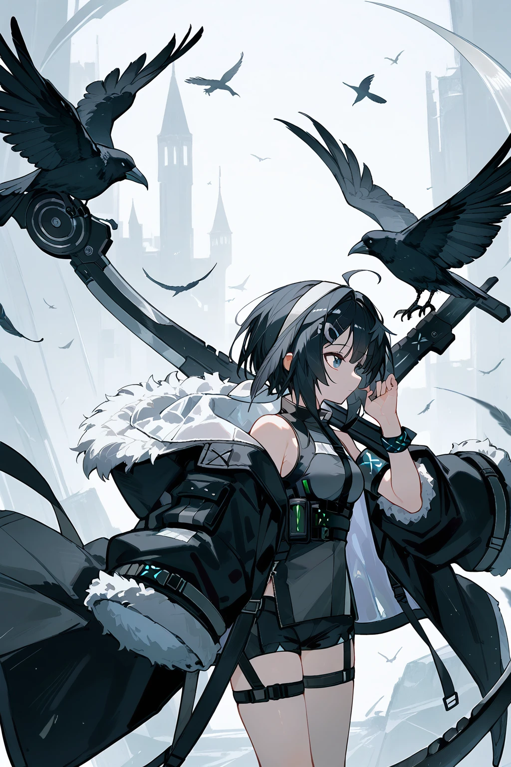 (score_9,score_8_up,score_7_up),<lora:La Pluma(Arknights)-v1>,la pluma (arknights),1girl,holding,solo,bird,thigh strap,fur trim,shirt,sleeveless,short hair,hair intakes,ahoge,blue eyes,hairclip,breasts,hair ornament,white hairband,black hair,shorts,coat,black shorts,jacket,hairband,open clothes,feather hair,bare shoulders,holding weapon,bangs,feathers,sleeveless shirt,black coat,weapon,scythe,fur-trimmed jacket,black jacket,armband,medium breasts,long sleeves,holding scythe,fur-trimmed coat,motion blur,closed mouth,open coat,crow,fur-trimmed sleeves,off shoulder,small breasts,profile,grey shirt,collarbone,
good feet,anime,NSFW,expressive,amazing quality,ultra hd 32k,