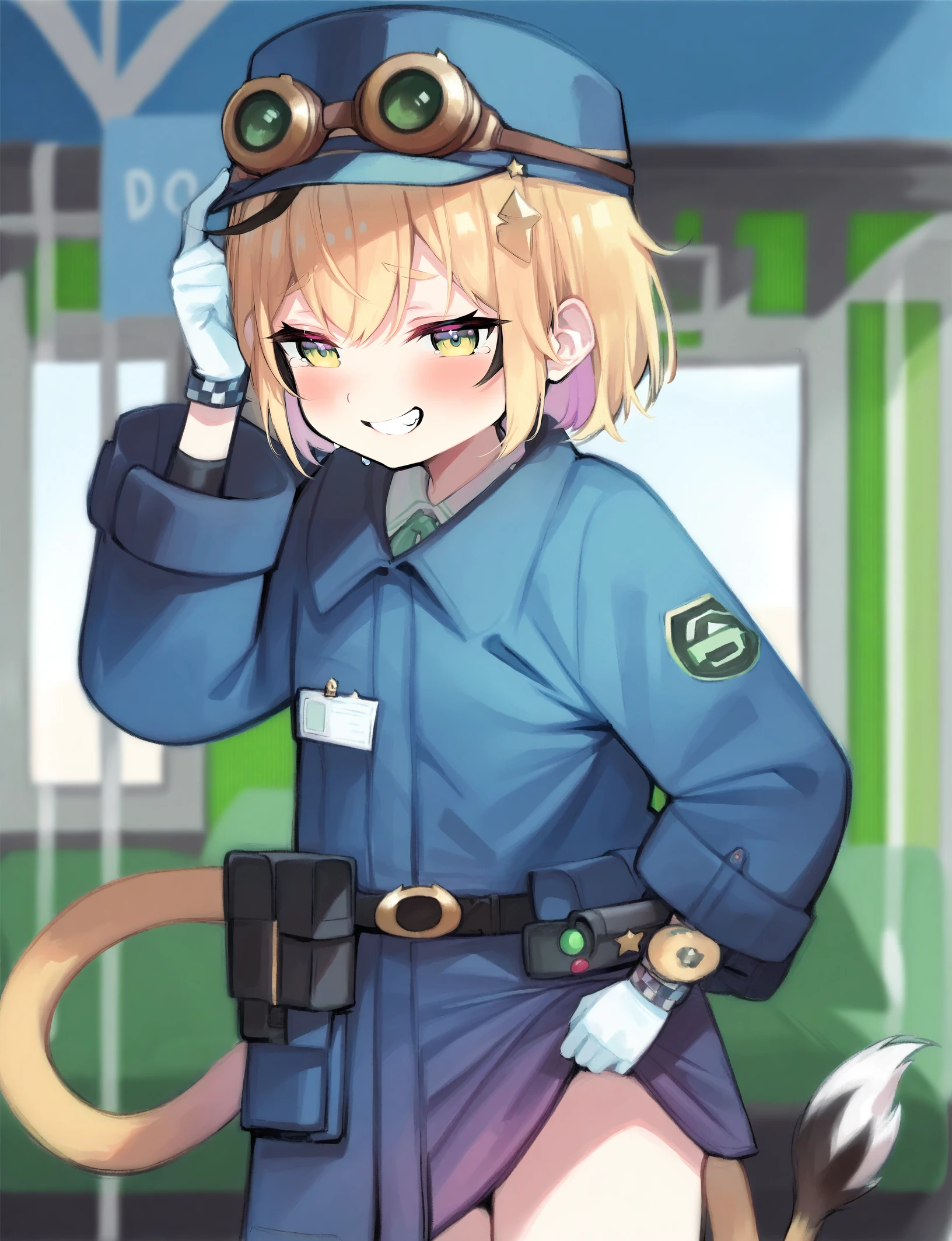 masterpiece, best quality, amazing quality, very aesthetic, absurdres, highres, newest, 8k, detailed, <lora:doobyillustriousXL:1>, artist:ayamy, 1girl, dooby, short hair, hat, goggles, jacket, tail, smug