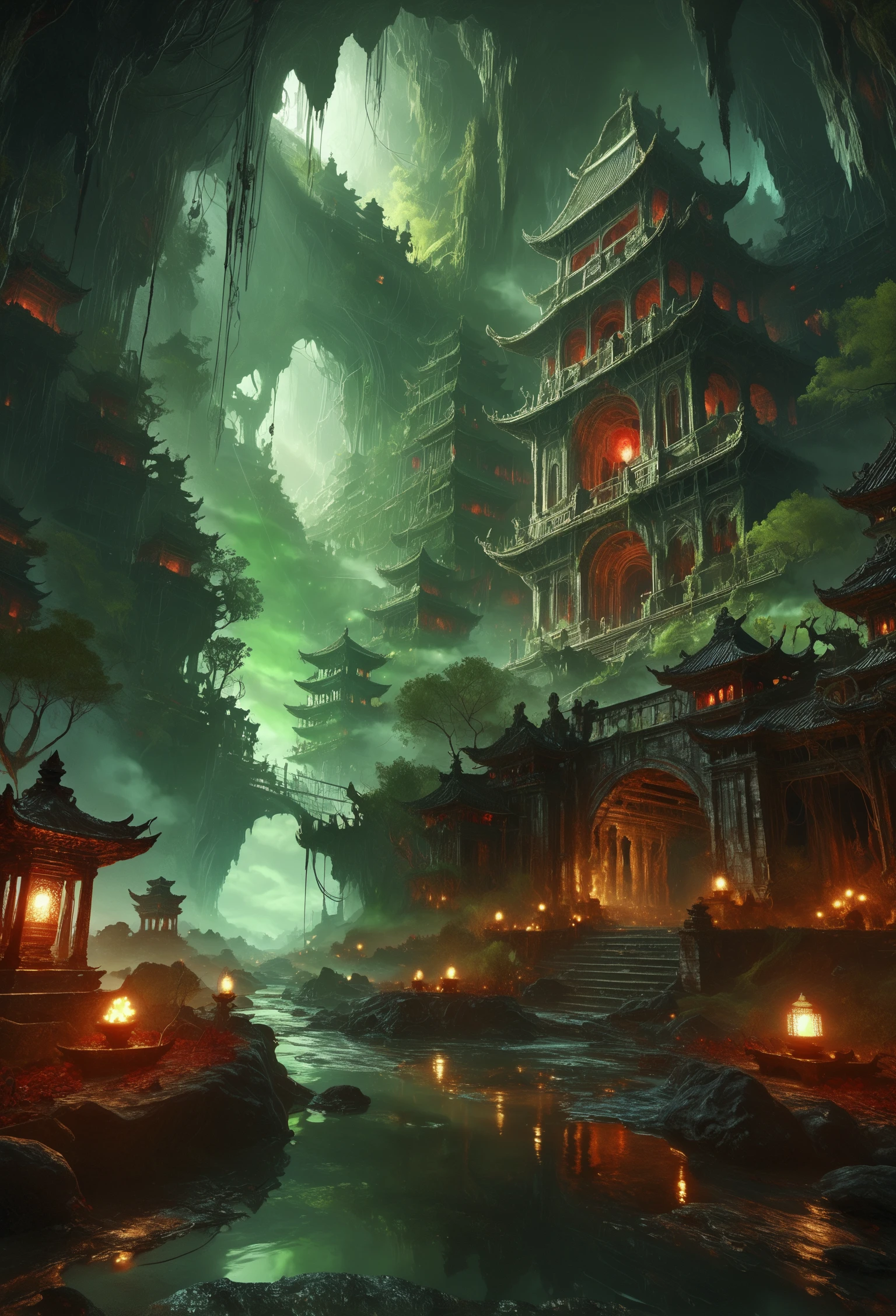 score_9, score_8_up, score_7_up, abyssmerald, dark, haunting, green fog, cave, ruins, root, bridge, pagoda, forest, river, water reflection, red lantern, background fantasy, ancient background, masterpiece, top quality, best quality, official art, cinematic lightings, photorealistic.