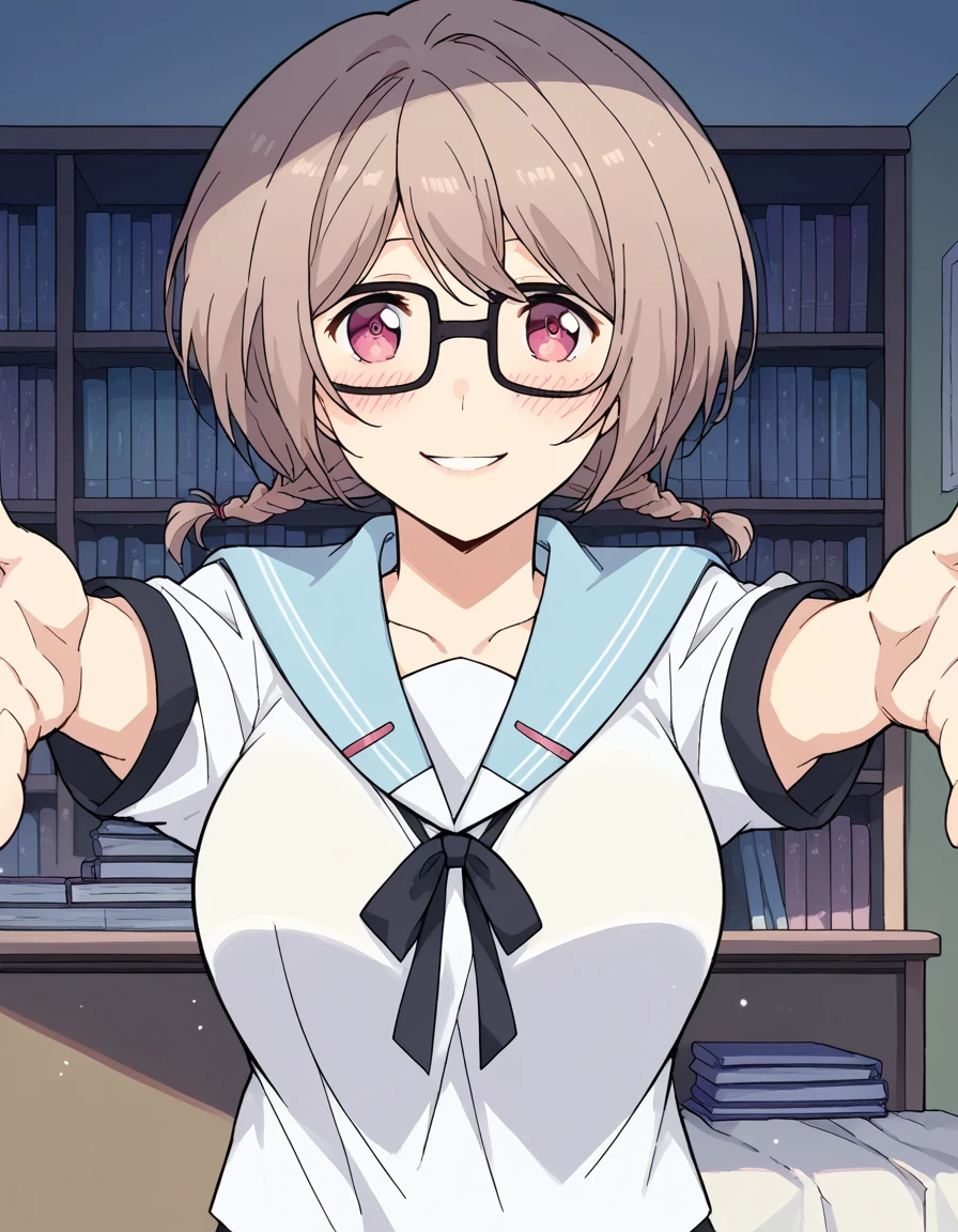 score_9, score_8_up, score_7_up, source_anime, <lora:an-onoya-s1-ponyxl-lora-nochekaiser:1>, an onoya, brown hair, pink eyes, braid, twin braids, glasses, large breasts,, shirt, ribbon, school uniform, short sleeves, serafuku, sailor collar,, bookstore, browsing shelves, new book smell, finding a favorite, quiet atmosphere, smile, <lora:incoming-hug-ponyxl-lora-nochekaiser:1>, incoming hug, looking at viewer, reaching, reacing towards viewer, outstretched arms,, bedroom, smile, blush, parted lips, looking at viewer, solo,, dutch angle, cowboy shot