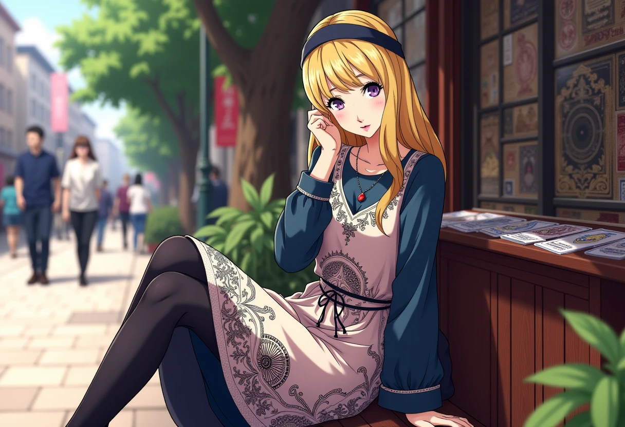 A detailed solo portrait of mifune chihaya,, blonde,
Anime style, sharp, high contrast and highly detailed.,
 <lora:persona5_mifune_chihaya_flux_1_2-000004:1>,
She is wearing a layered, bohemian-style outfit. She has on a long-sleeved, deep blue underlayer paired with a flowing, pastel-colored dress featuring abstract patterns. The dress has thin, black ties around the waist, adding a slight cinching effect, and the fabric has a subtle texture with artful black circular and line designs that resembles mythical patterns. Her accessories include a wide, dark headband that sits over her long, wavy blonde hair, creating a relaxed and artsy look. Sheâs also wearing a necklace with a red pendant that stands out against her outfit. The outfit is completed with dark tights and black ballet flats, which enhance her refined, yet casual appearance. 
She is sitting on a fortune telling booth by a busy street. She is holding a pack of tarot cards. She is looking at the camera with a beautiful smile.