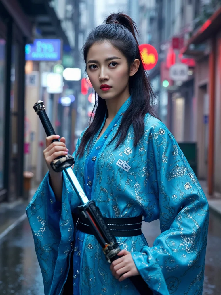 CYQ,
In a grungy, rain-soaked alleyway of Neo-Tokyo, under the dim, neon glow of holographic advertisements, a woman dressed in a futuristic Chinese hanfu,made of shimmering, electric-blue, cybernetic silk, adorned with intricate, glowing circuit patterns and augmented reality lenses embedded in the fabric, stands defiantly, backlit by the pulsating neon lights, her hair cascading down her shoulders in a wild, wind-blown frenzy, eyes narrowed into a determined gaze as she clutches a high-tech katana with a glowing energy blade, poised for action amidst the chaotic, cyberpunk landscape.