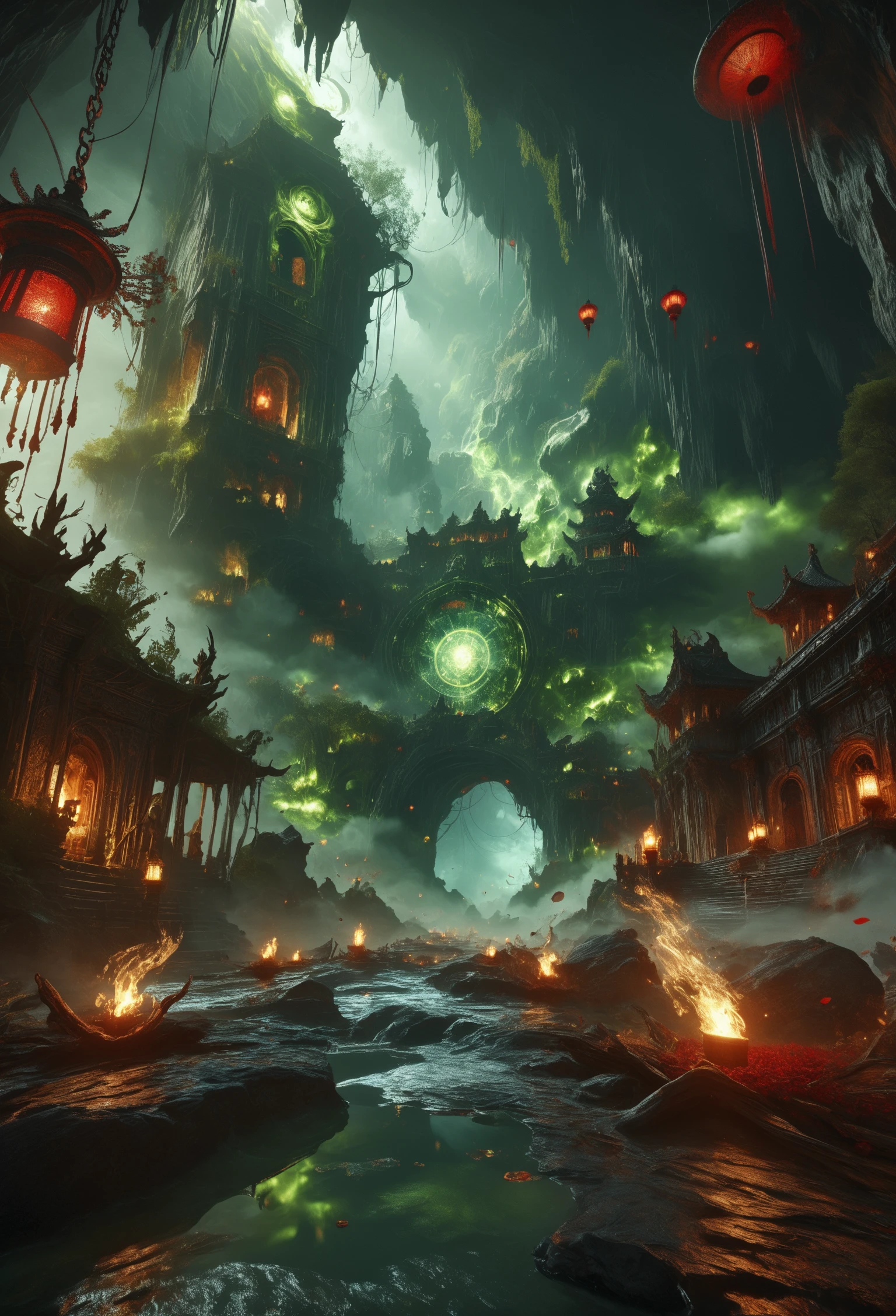 score_9, score_8_up, score_7_up, (in the middle is a massive glowing gate with intricate detailed frame, arms reaching out of portal from otherworld:1.2), abyssmerald, dark, haunting, green fog, cave, river, water reflection, red lantern, background fantasy, ancient background, masterpiece, top quality, best quality, official art, cinematic lightings, photorealistic.