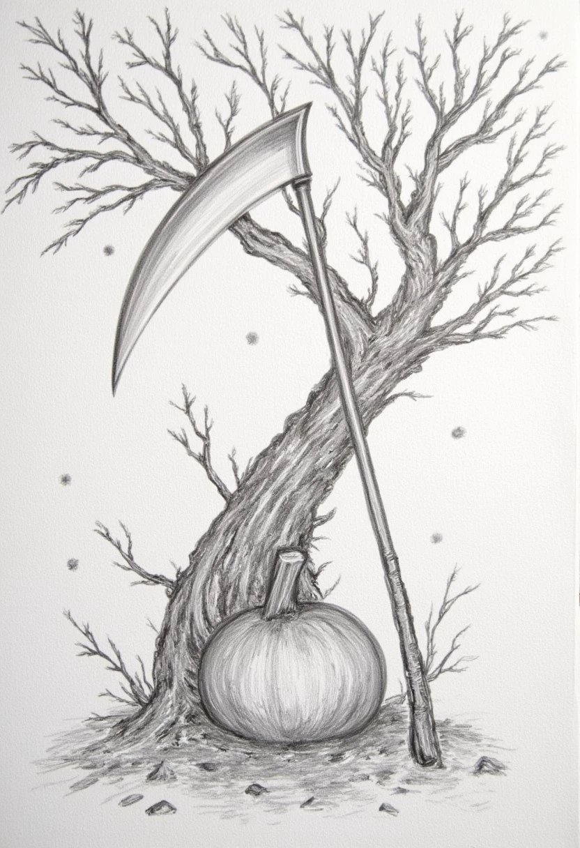 a beautiful balanced bold surreal grayscale pencil drawing on textured hard art paper of scythe sticking in a pumpkin in a very Halloween scene with twisting trees that have an abundance of bushy momiji maple leaves by AmeshinPENCILSKETCH