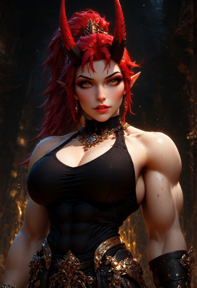 oni princess,Zeriastra (woman, european, caucasian, slightly tanned, adult, tall female, golden eyes, red makeup, red hair, streaked hair, long hair ponytail, ponytail, short hairs, red and black horns, spiky horns, large round breasts, muscular), warrior, dungeon depts, large broadsword, gold chains, golden eyes, sword glowing, plate armor , the dark background adds a dramatic tone, with subtle lighting highlighting metallic surfaces. (maximum ultra high definition image quality and rendering:3), maximum image detail, maximum realistic render, (((ultra realist style))), realist side lighting, , 8K high definition, realist soft lighting, (amazing special effect:3.5). S1n0z1ck style, mythp0rt, swirling magic effects add extra light in contrast to those from Zeriastra