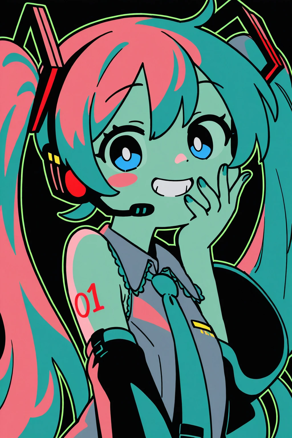 1girl, 1o1i, Hatsune Miku, limited palette, black background, colorful, vibrant, glowing outline, neon, blacklight, looking at viewer, hand up, shirt, green, headset, very long hair, grey shirt, smile, bare shoulders, grin, sleeveless shirt, white, blue eyes, necktie, sleevele, upper body, aqua hair, simple background, collared shirt, twintails, long hair, flat color, detached sleeves, hair ornament, aqua necktie, bangs, nail polish, solo, An illustration of a girl with blue hair and cat ears. she is wearing a black outfit with a red bow on her head. the background is black with small white dots scattered around. the girl has a big smile on her face and is making a peace sign with her right hand. the overall style of the illustration is cartoon-like and playful.