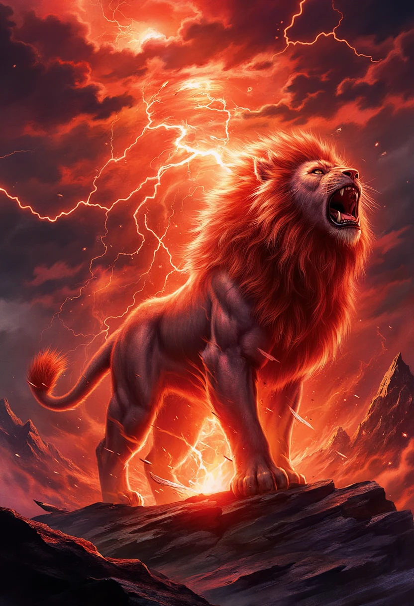 Art of Lion who Demonstrate leadership skills in A volcanic eruption produces a volcanic lightning a rare and spectacular natural phenomenon, extreme, hyperpop, Emblem of Sacrifice ambient lighting. trending on artstation and pixiv, a vibrant digital oil painting, A highly detailed fantasy character illustration by Wayne Reynolds, Jason Chan, Jesper Ejsing, Charles Monet, Gustave Dore, Carl Critchlow, Bram Sels