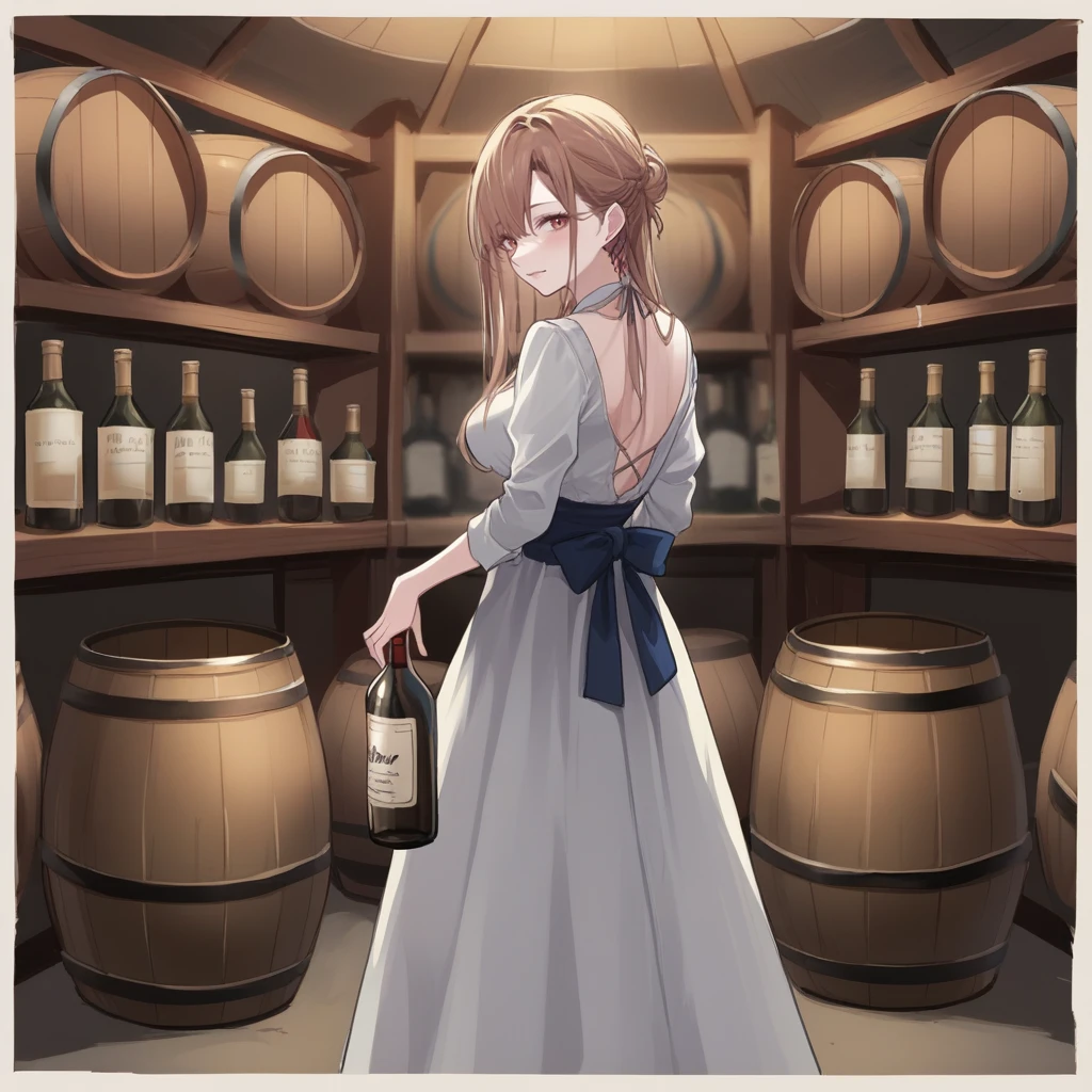 score_9, score_8_up, score_7_up, score_6_up, score_5_up, score_4_up, zPDXL2,source_anime,rating_questionable,  <lora:Wine_Cellar:0.7>C3llar, alcohol, barrels, shelf barrels, holding wine bottle, looking at viewer, presenting, long dress,