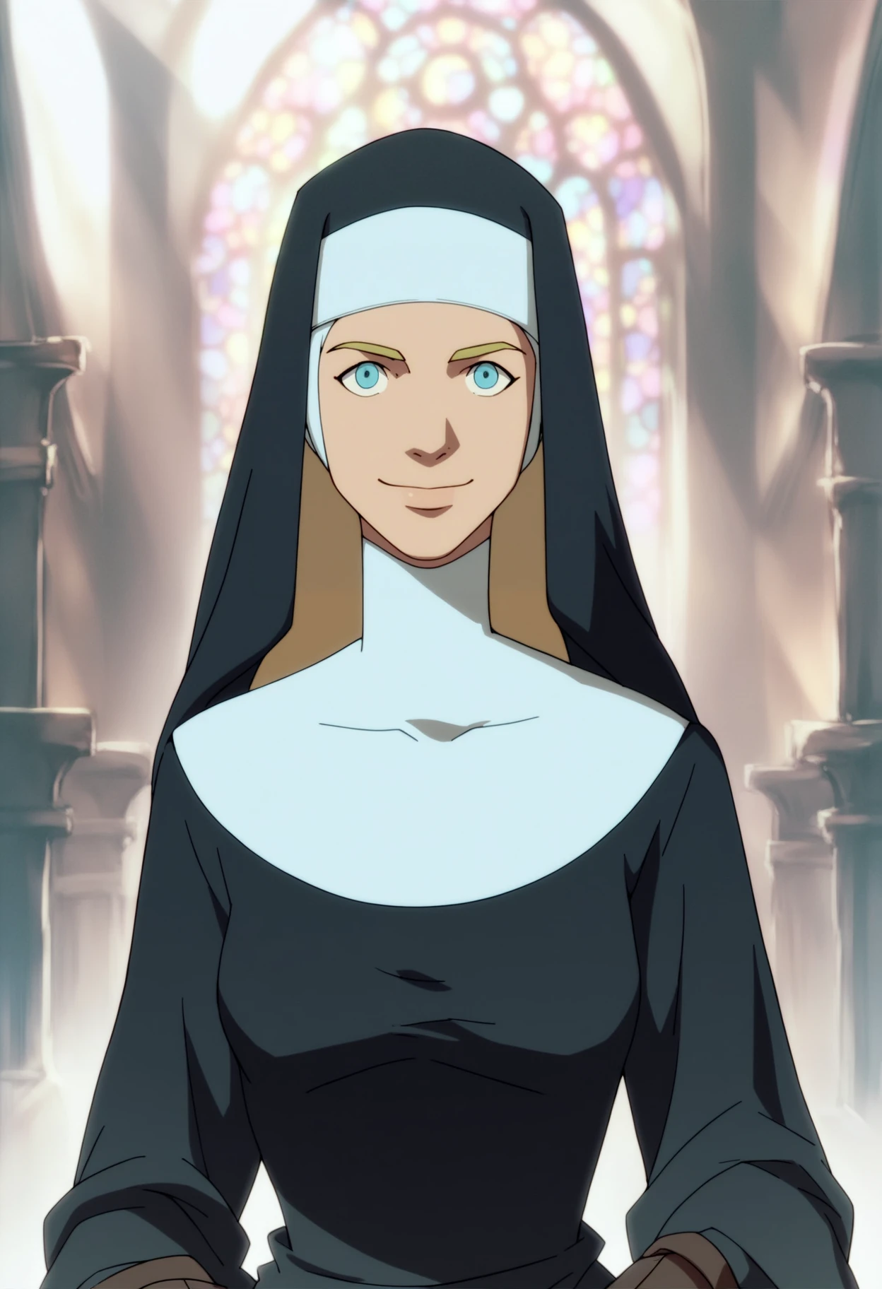 score_9, score_8_up, score_7_up, score_6_up, score_5_up, score_4_up, BREAK,
1girl, blonde hair, blue eyes,  long hair, nun, boots, dress, hat, robe,
upper body, warm smile, looking at viewer, solo, standing, church background  <lora:FantasyWesternAnimation_YoungJusticeDCAMU:1>