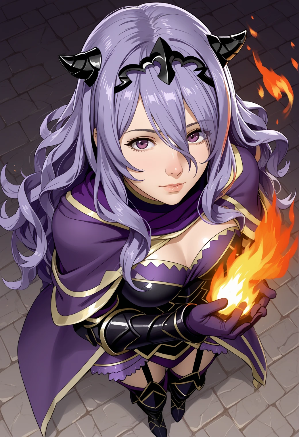 1girl,from_above,
camilla_(fire_emblem), fire_emblem, 1girl, purple_hair, purple_eyes